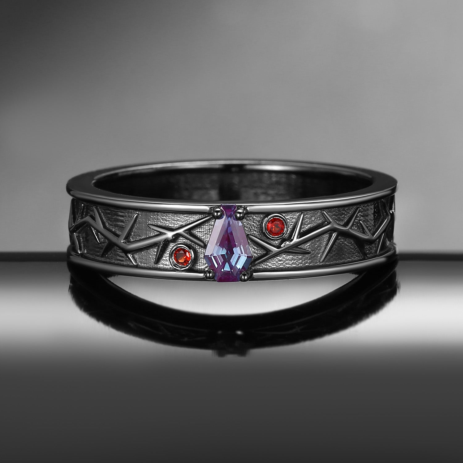 Gothic Style 'Thorns & Roses' Nature Inspired Coffin Cut Lab Alexandrite Filigree Wedding Band