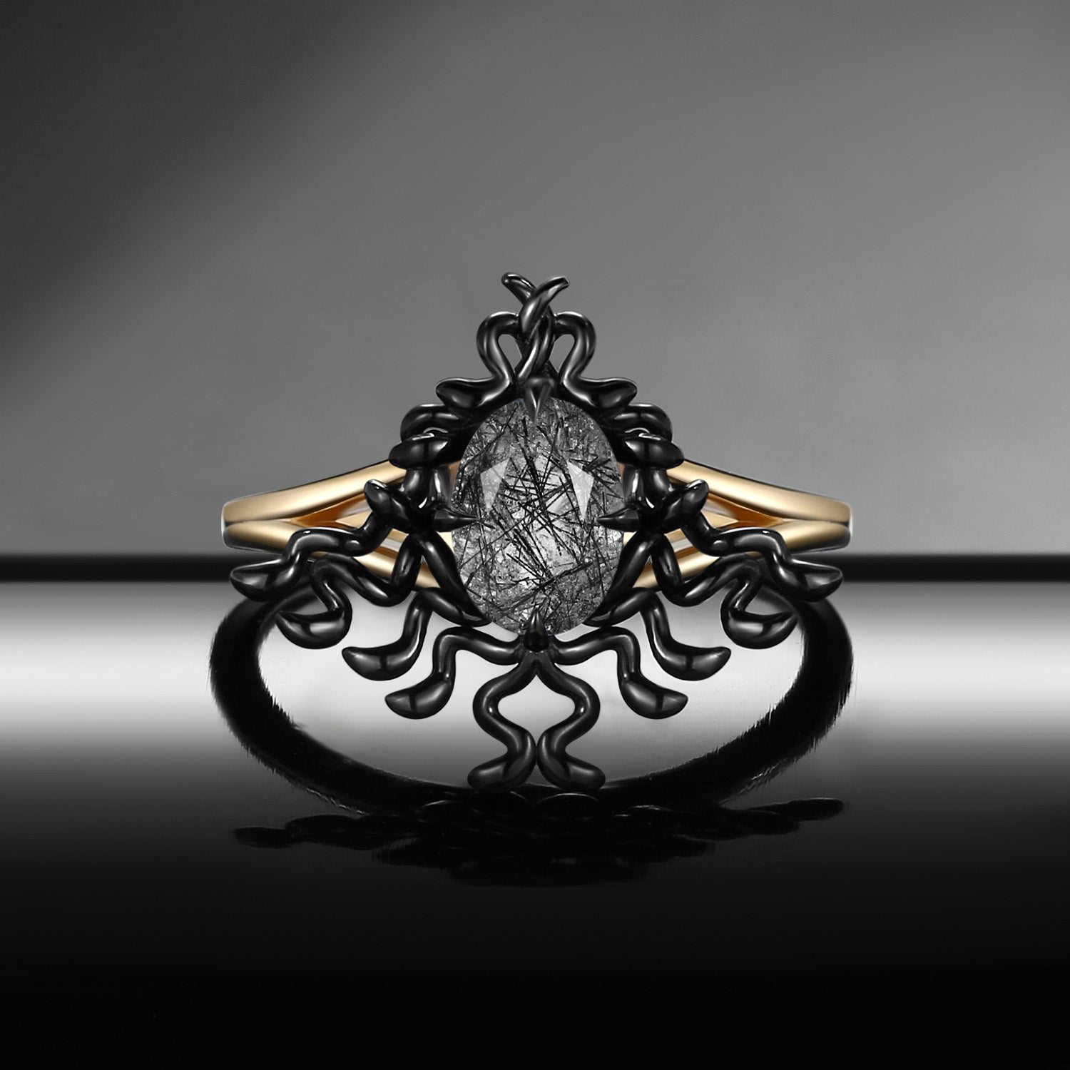 Gothic Style Unique Snake Inspired Oval Cut Black Rutilated Quartz Engagement Ring