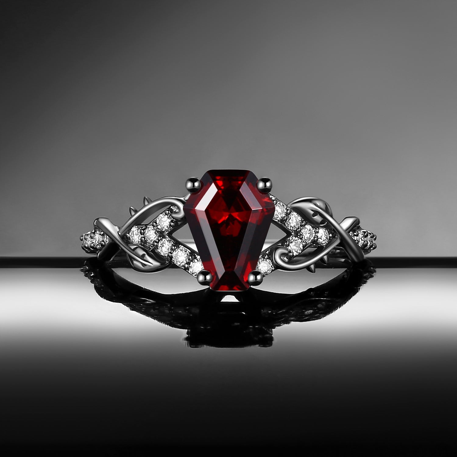 Gothic 'Thorns & Roses' Coffin Shaped Garnet Nature Inspired Split Engagement Ring