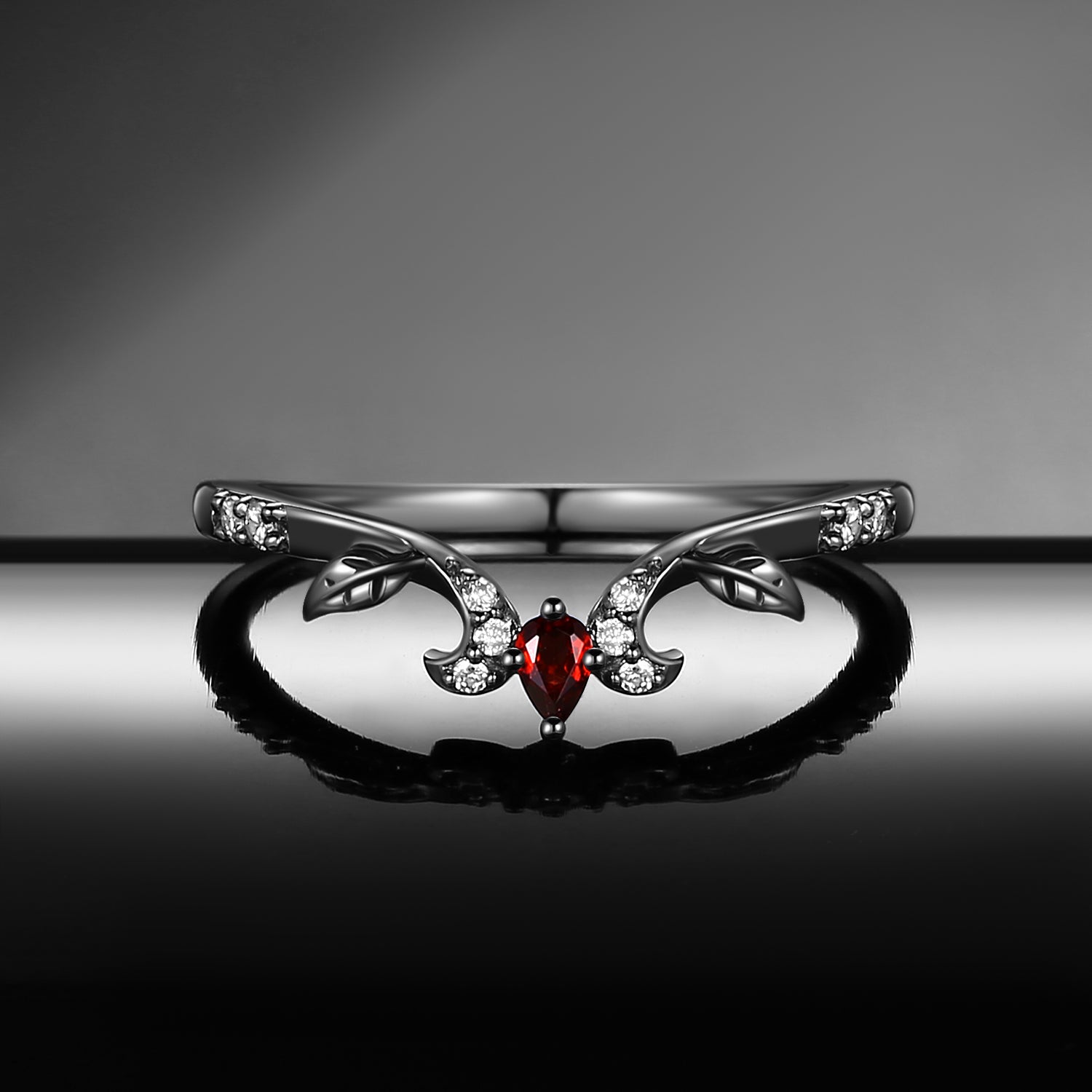 Gothic 'Thorns & Roses' Pear Cut Garnet Nature Inspired Wedding Band