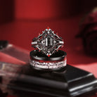 Hexagon Cut Black Rutilated Quartz 'Fallen Aegis' Ring & Mosaic Electroplated Couple Bridal Ring Set