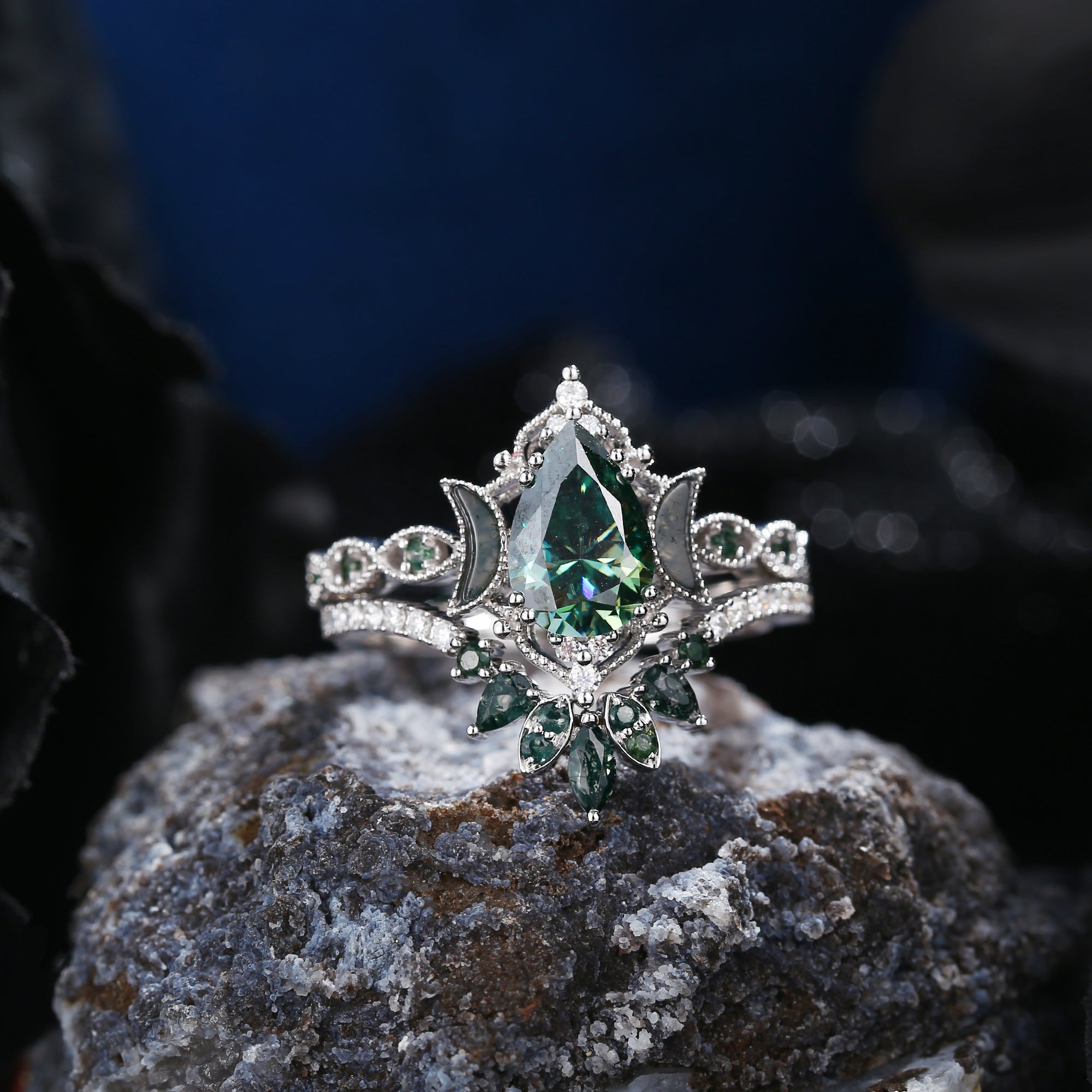Crescent Moon | Pear Cut Teal Moissanite 'Ultra Galaxy' Engagement