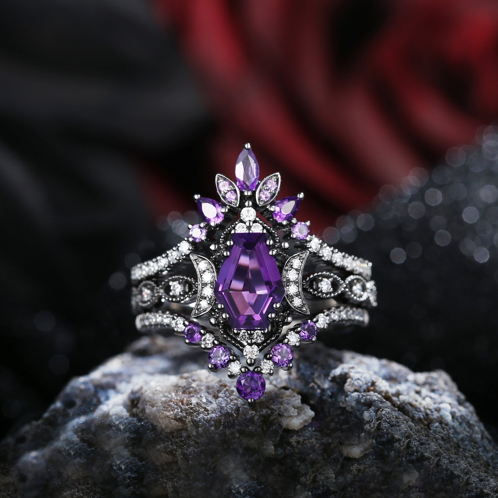 Crescent Moon | Coffin Cut Natural Amethyst Black Gold Ring Set 3pcs