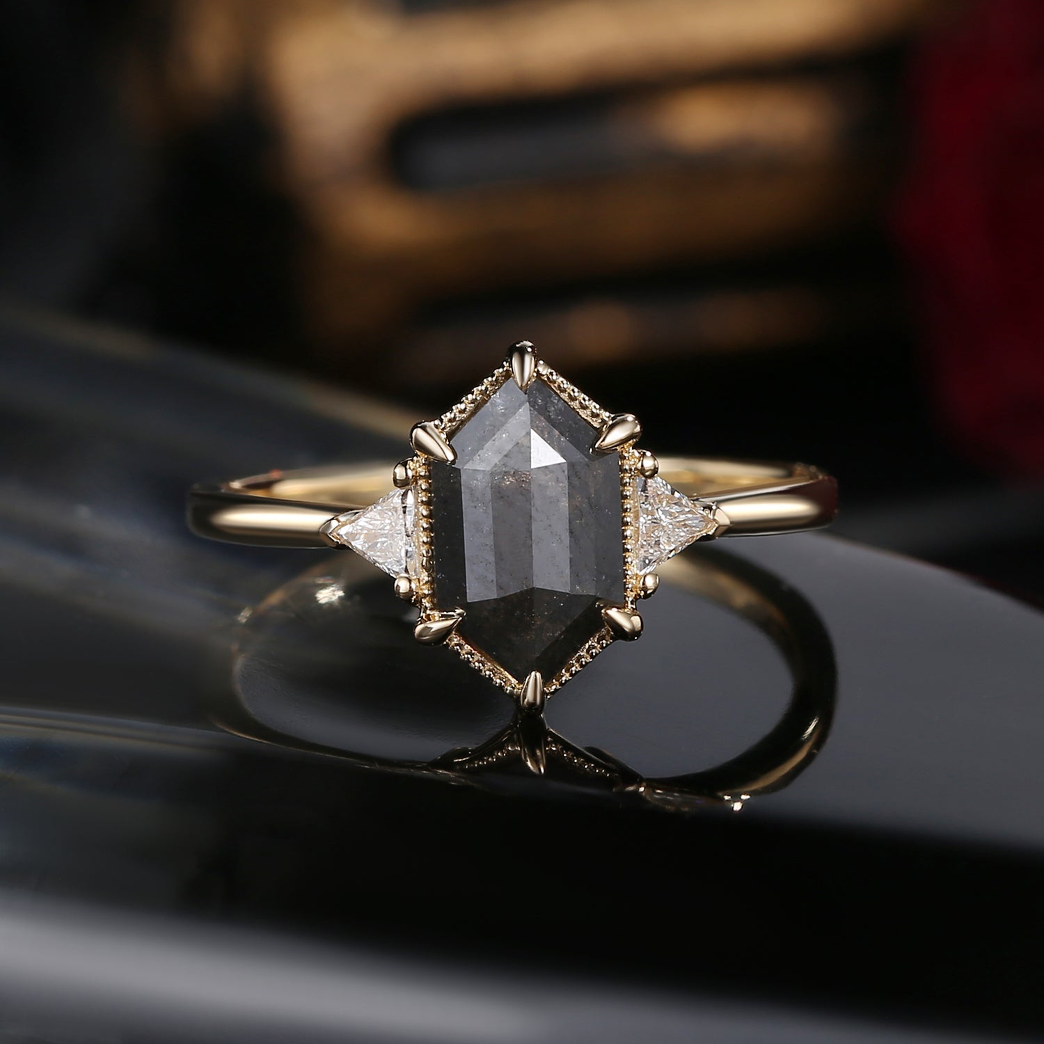 Long Hexagon Salt and Pepper Geometric Three-Stone Engagement Ring