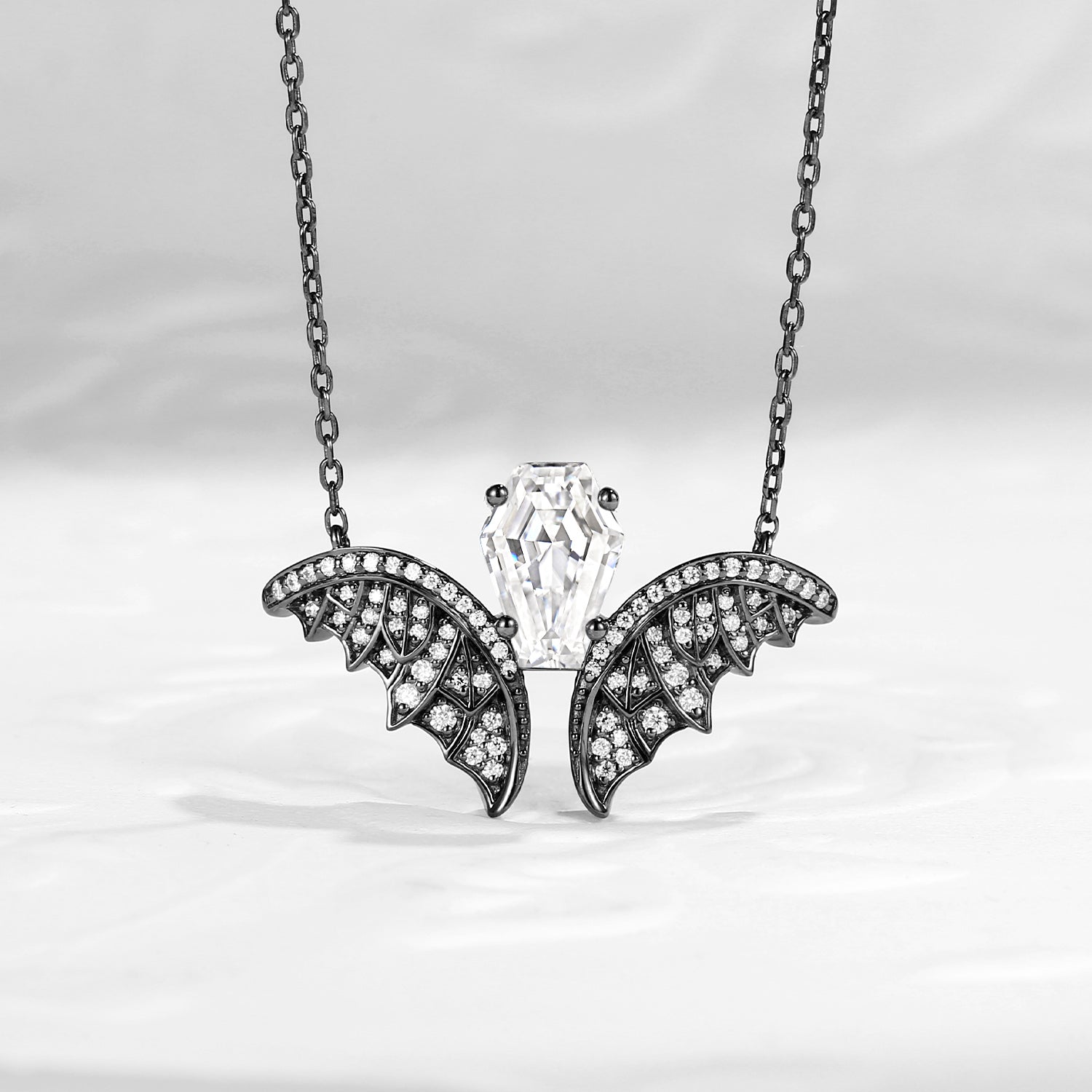 Coffin Moissanite Bat Inspired Black Gold Necklace