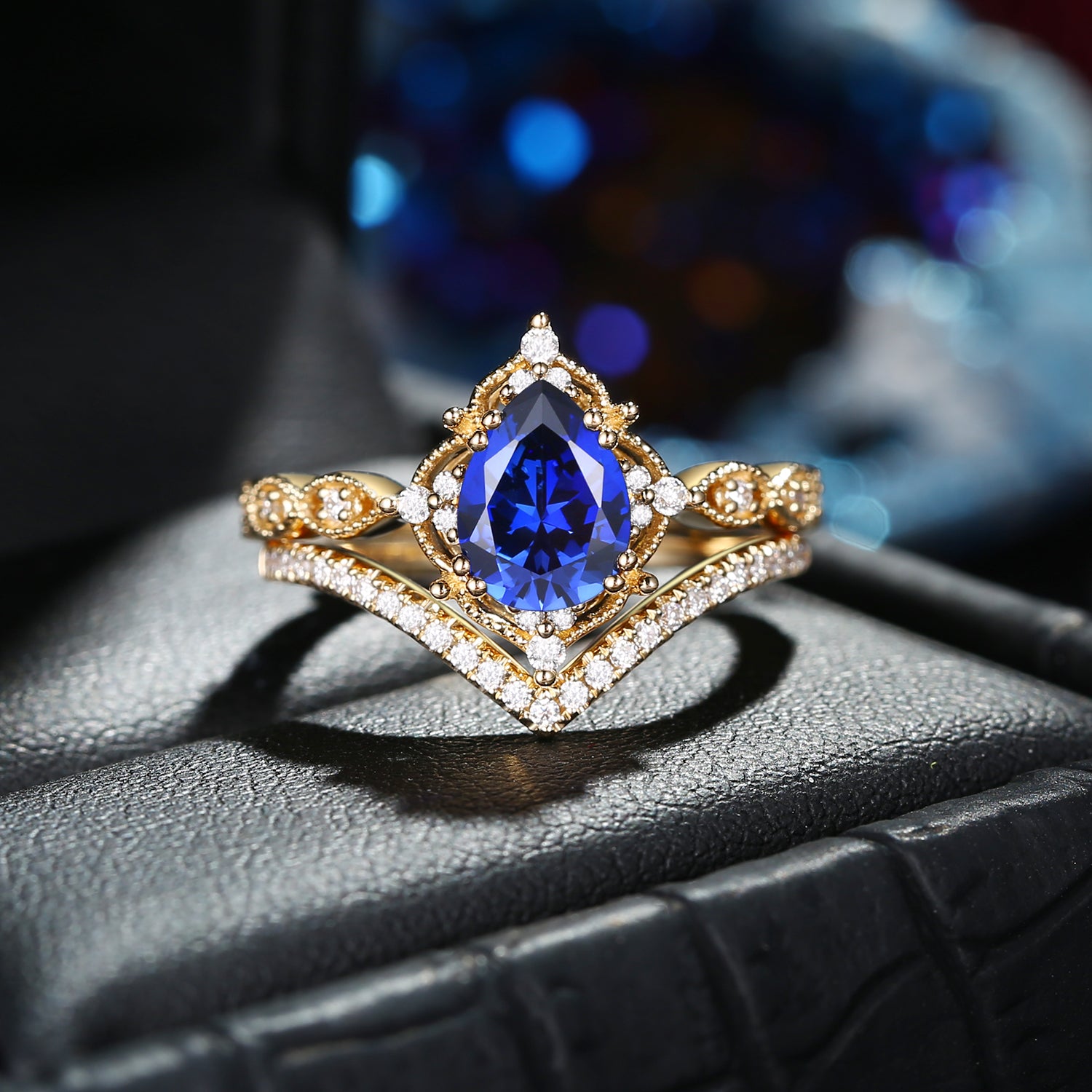 1.5ct Pear Shaped Lab Sapphire Engagement Ring Set 2pcs - Evelyn