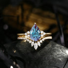 Firework Cut Pear Lab Alexandrite Classic Cluster Engagement Ring Set 2pcs - Vivian