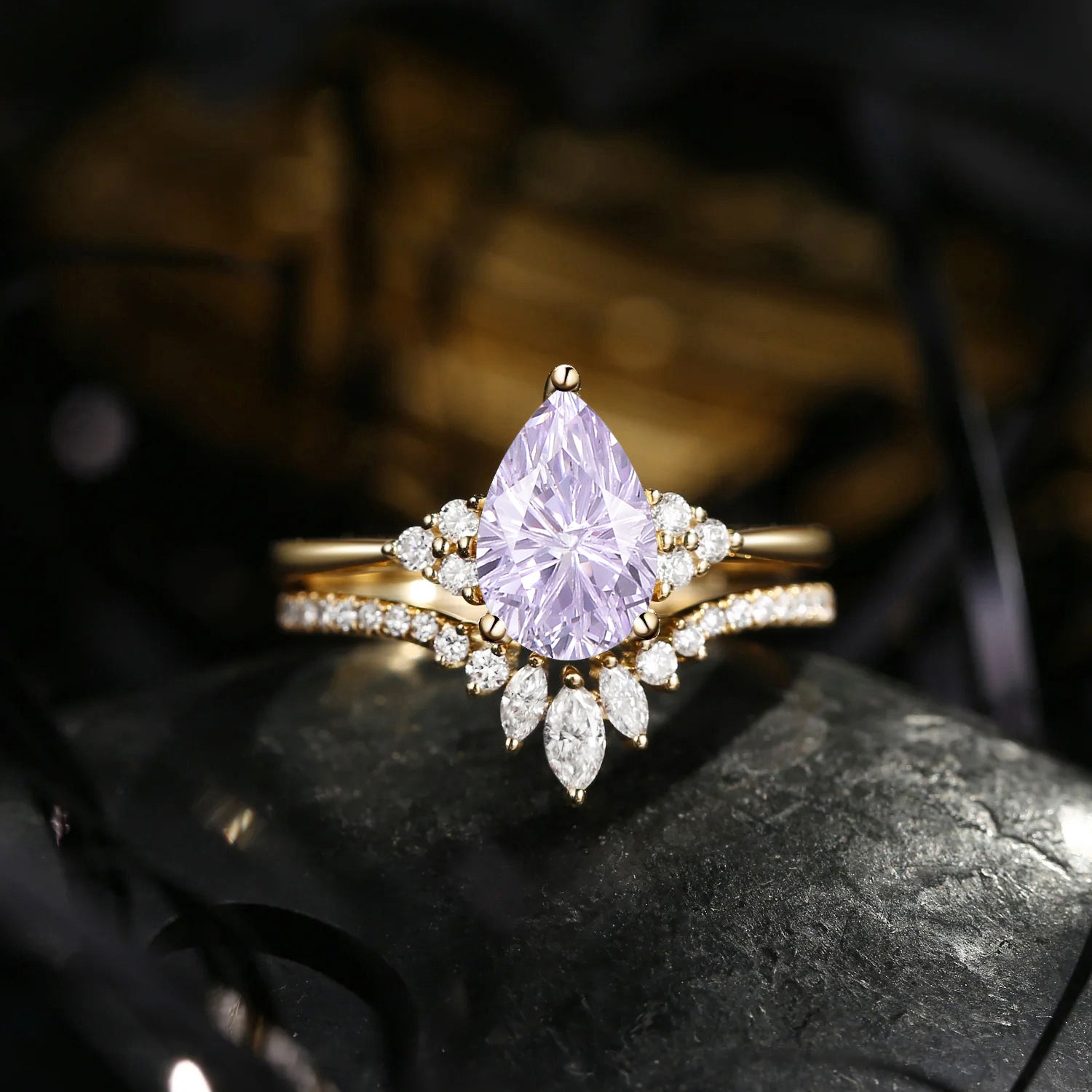 Firework Cut Pear Lab Lavender Sapphire Cluster Engagement Ring Set 2pcs - Vivian