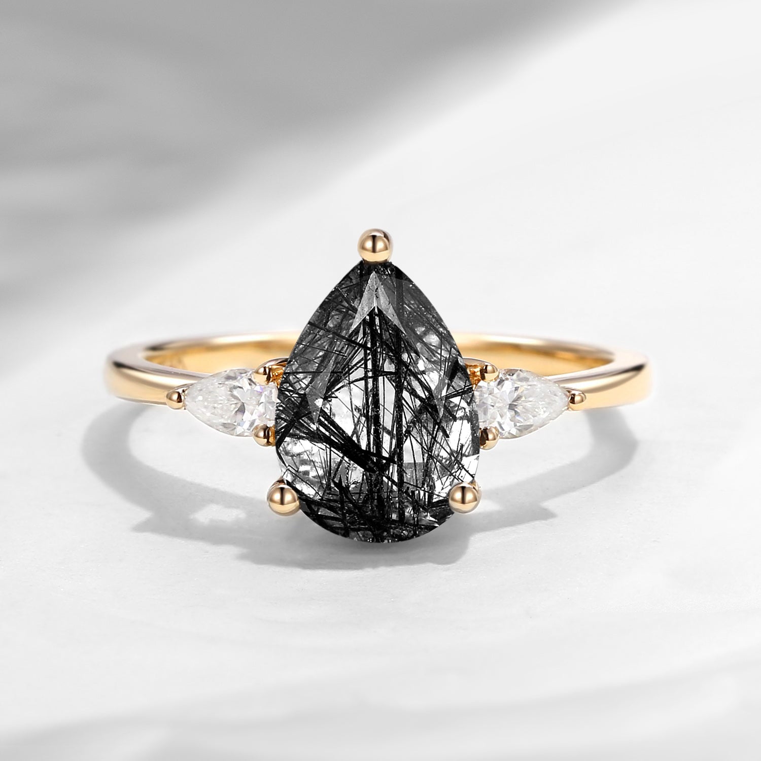 Pear Shaped Black Rutilated Quartz Three Stone Engagement Ring