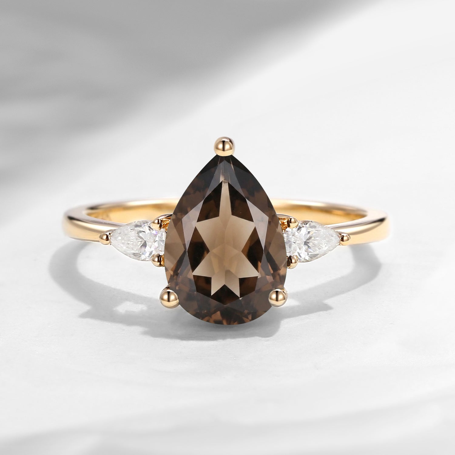 Pear Shaped Smokey Quartz Three Stones Engagement Ring