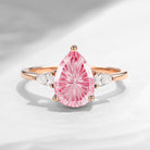 Classic Fantasy Cut Pear Lab Pink Sapphire Three Stone Engagement Ring