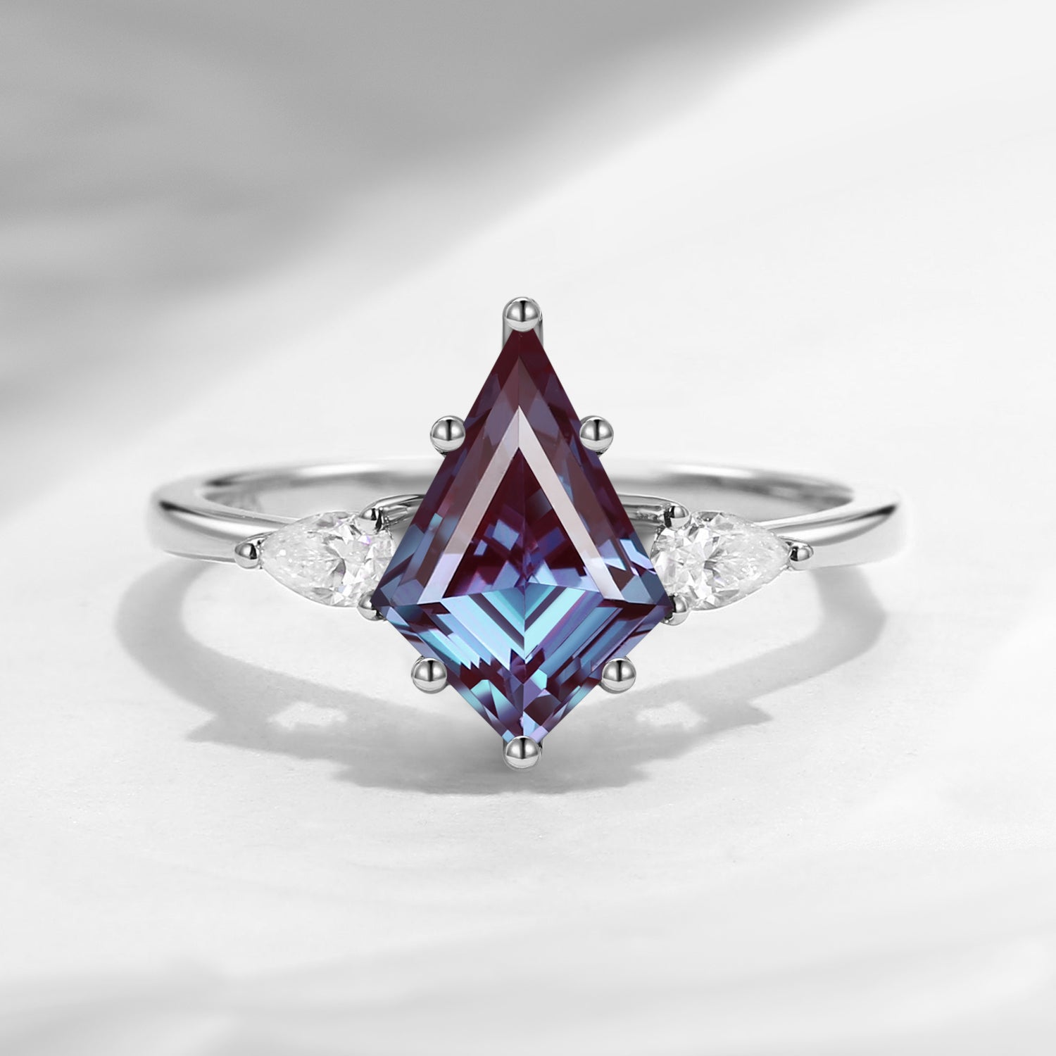 Classic Kite Cut Lab Alexandrite Three Stone Engagement Ring