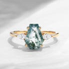 Classic Coffin Cut Moss Agate Three Stone Engagement Ring