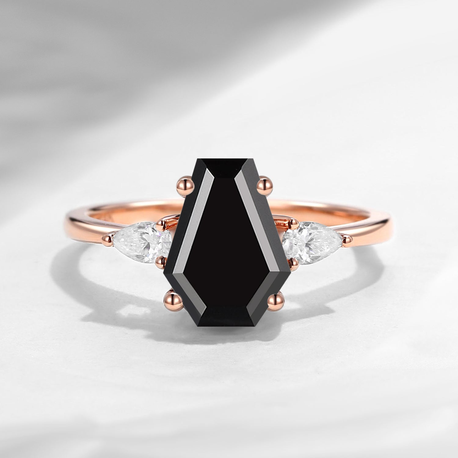 Classic Coffin Cut Black Moissanite Three Stone Engagement Ring