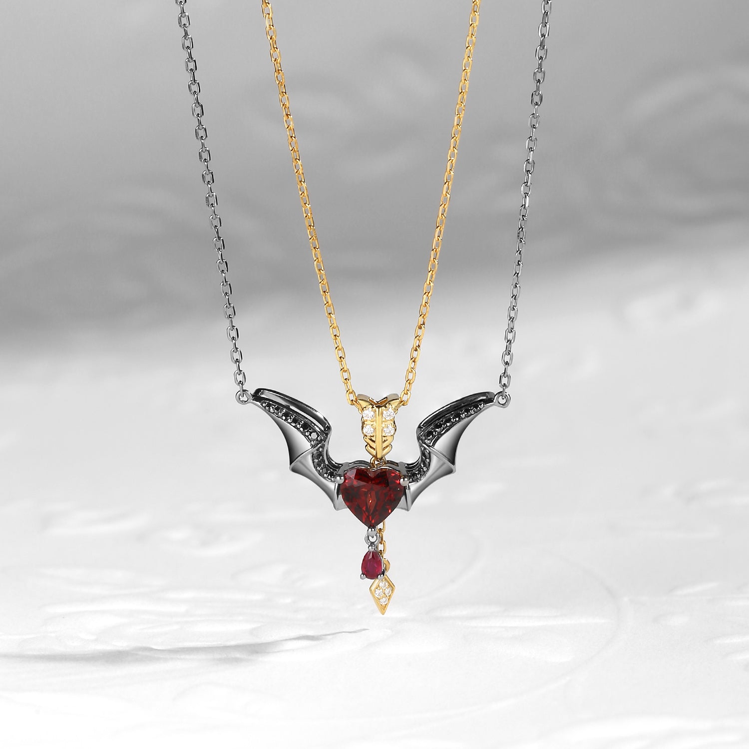 Black Inspired Devil Wing Garnet Heart Cut Couple Necklaces Set 2pcs - Cupid's Arrow