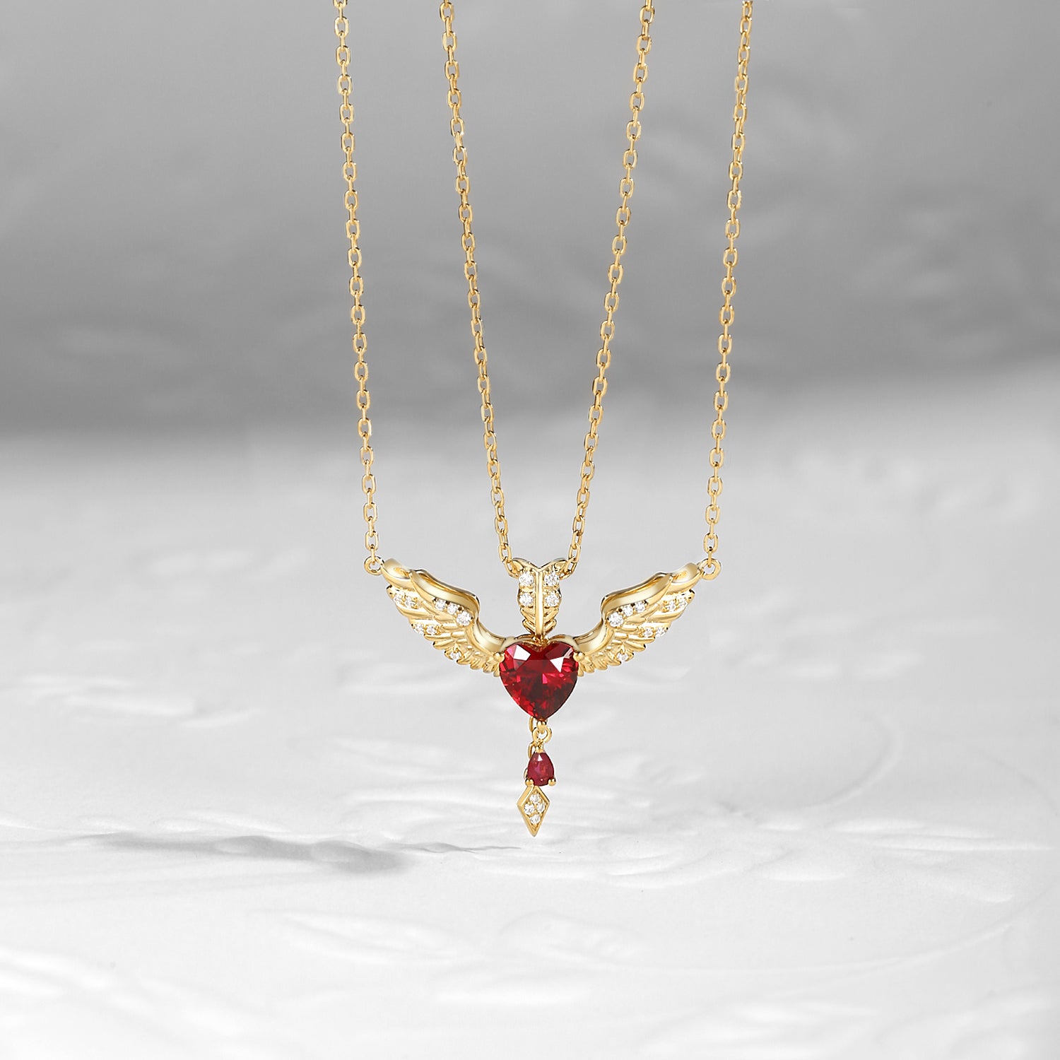 Feather Wing Lab Ruby Heart Cut Couple Necklaces Set 2pcs - Cupid's Arrow