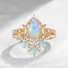 Crescent Moon | Pear Cut Natural Opal 'Ultra Galaxy' Engagement Ring Set 2pcs