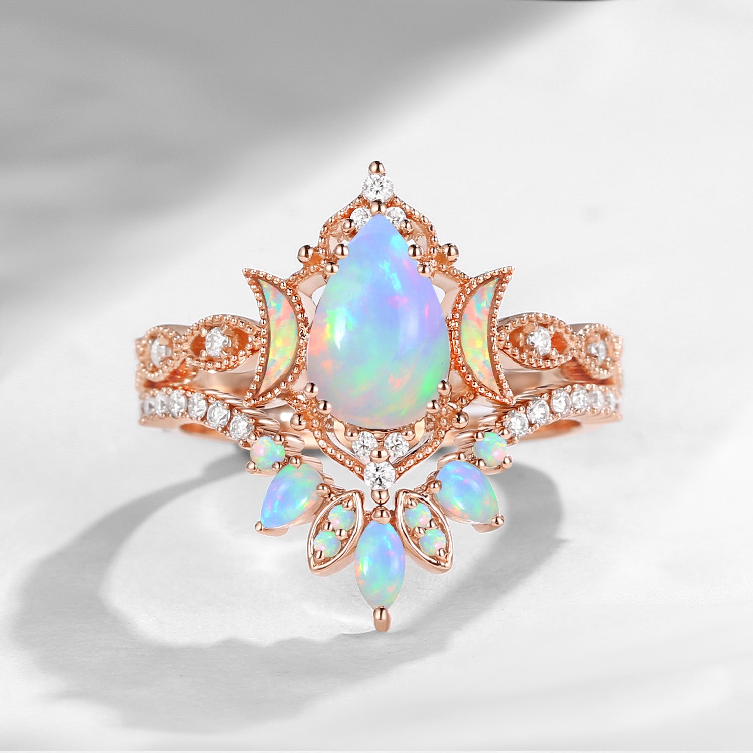 Crescent Moon | Pear Cut Natural Opal 'Ultra Galaxy' Engagement Ring Set 2pcs