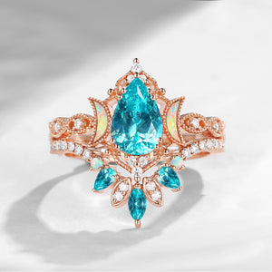 Crescent Moon | Pear Cut Lab Paraiba 'Ultra Galaxy' Engagement Ring Set 2pcs