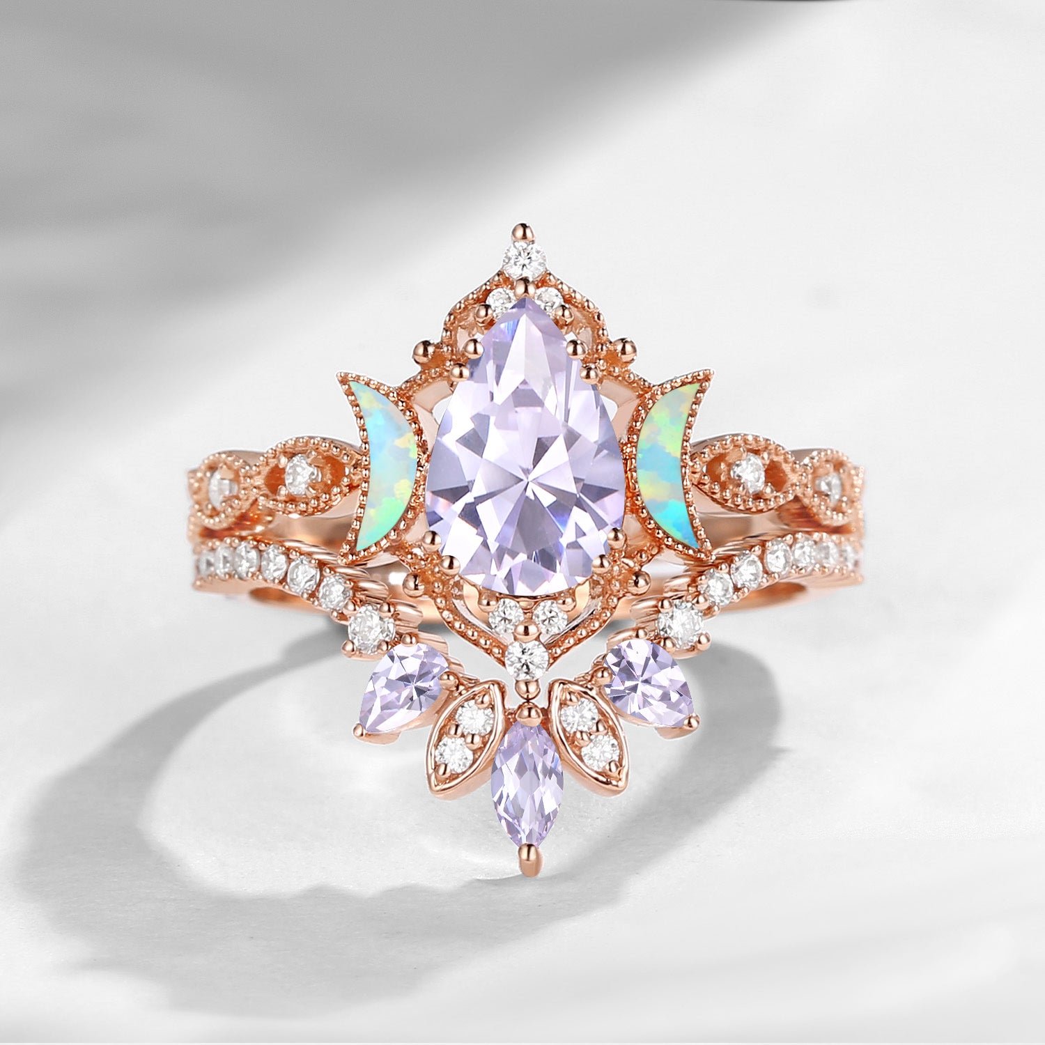 Crescent Moon | Pear Cut Lab Lavender Sapphire 'Ultra Galaxy' Engagement Ring Set 2pcs