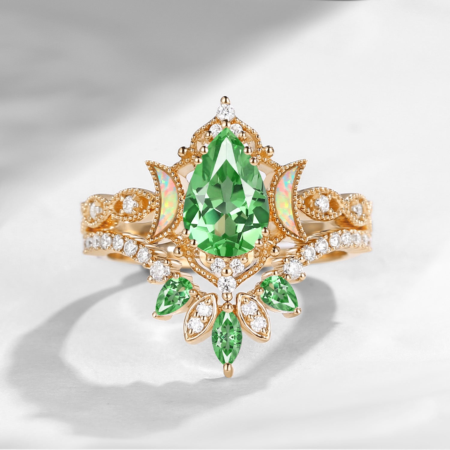 Crescent Moon | Pear Cut Lab Tsavorite 'Ultra Galaxy' Engagement Ring Set 2pcs