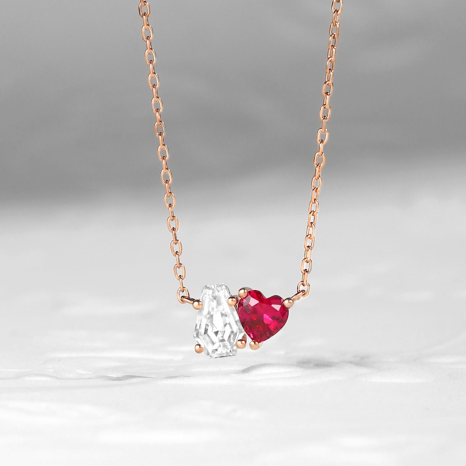 Moissanite And Lab Ruby Two Stone Coffin And Heart Cut Necklace - Toi Et Moi Necklace