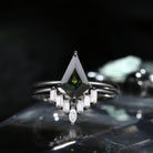 Classic Art-Deco Kite Cut Natural Teal Sapphire Engagement Ring Set