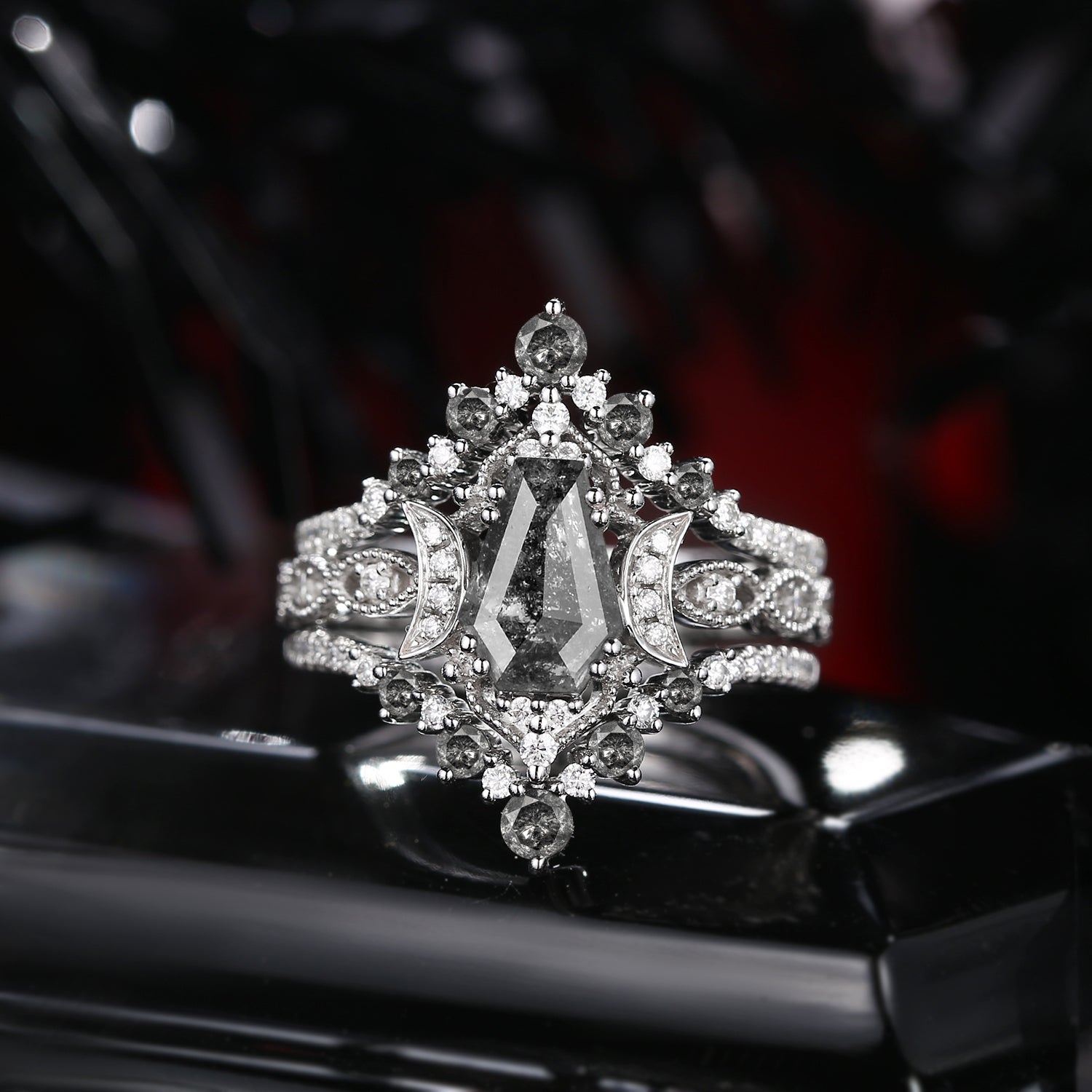 Crescent Moon | Coffin Cut Salt And Pepper Diamond Engagement Ring Set 3pcs - Till Death Do Us Part