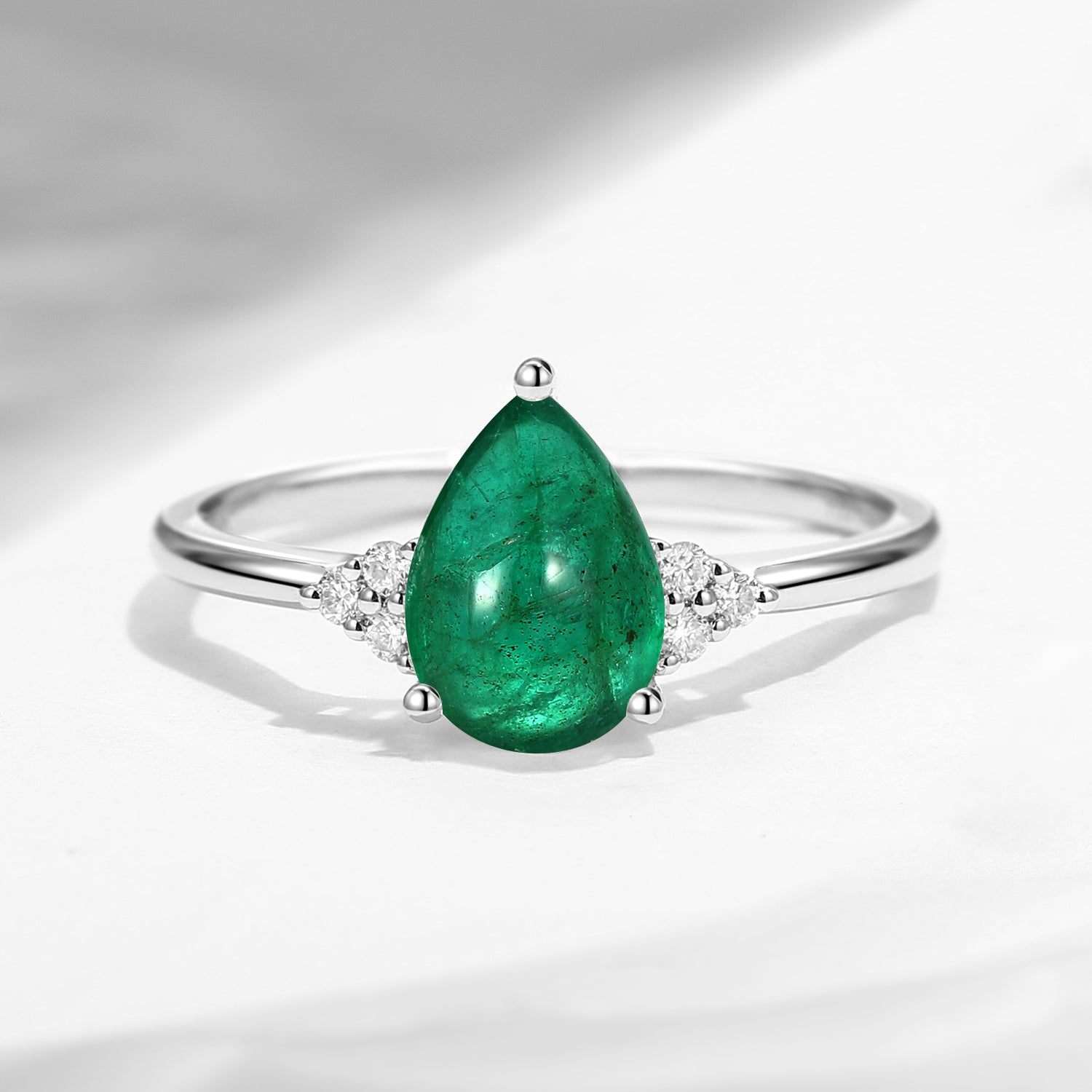Classic Style Pear Cut Natural Emerald Cluster Engagement Ring