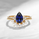 Cluster Pear Cut Lab Sapphire Engagement Halo Ring Set 2pcs