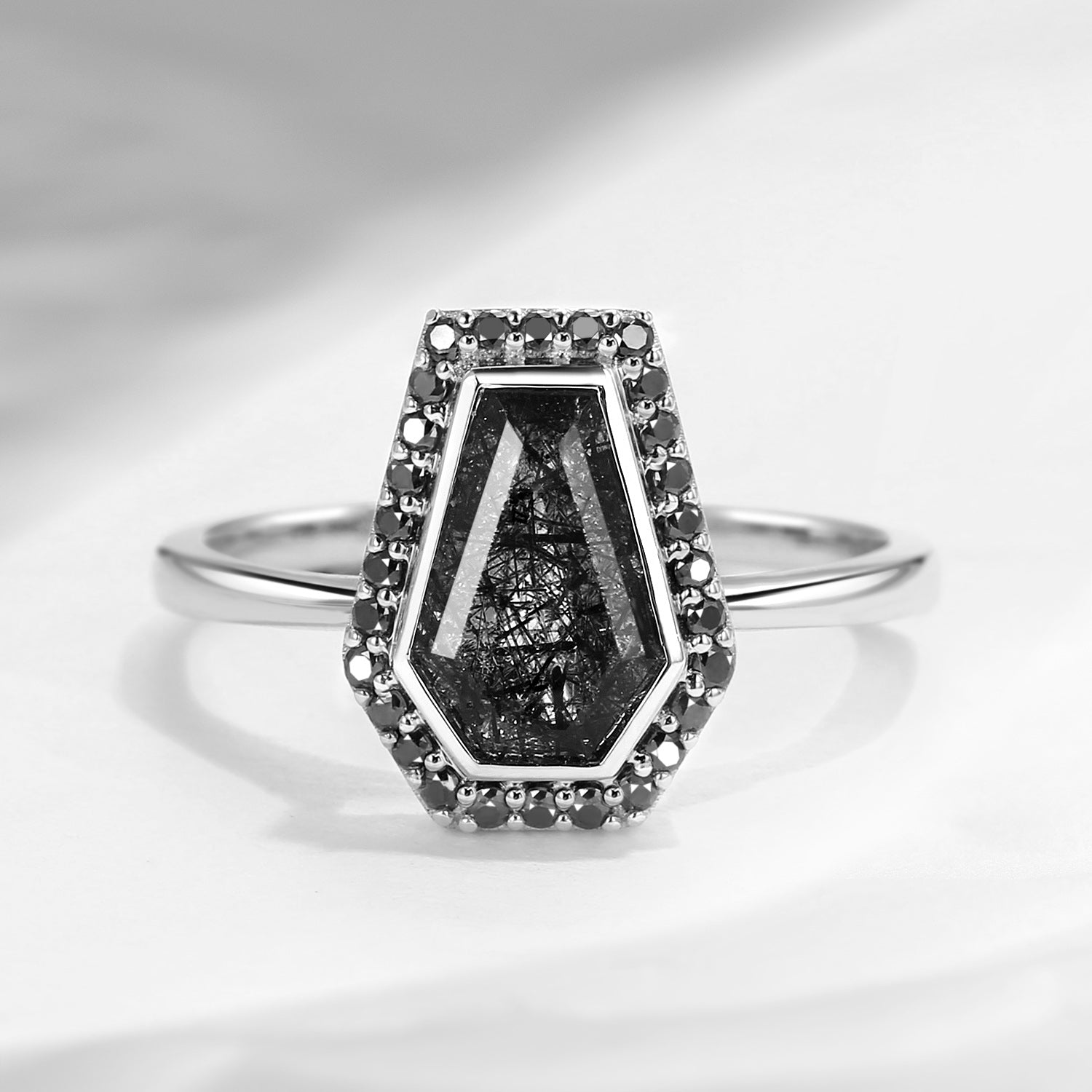 Coffin Cut Black Rutilated Halo Engagement Ring