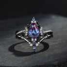 Crescent Moon | Coffin Mystic Changing Color Alexandrite Black Gold Engagement Ring Set 2pcs - Alexandria