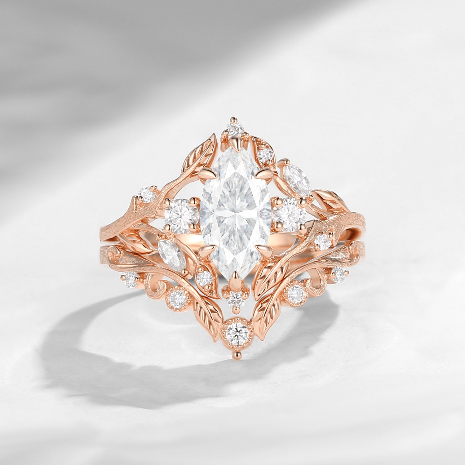 Nature Inspired Marquise Moissanite Garden Engagement Ring Set 2pcs