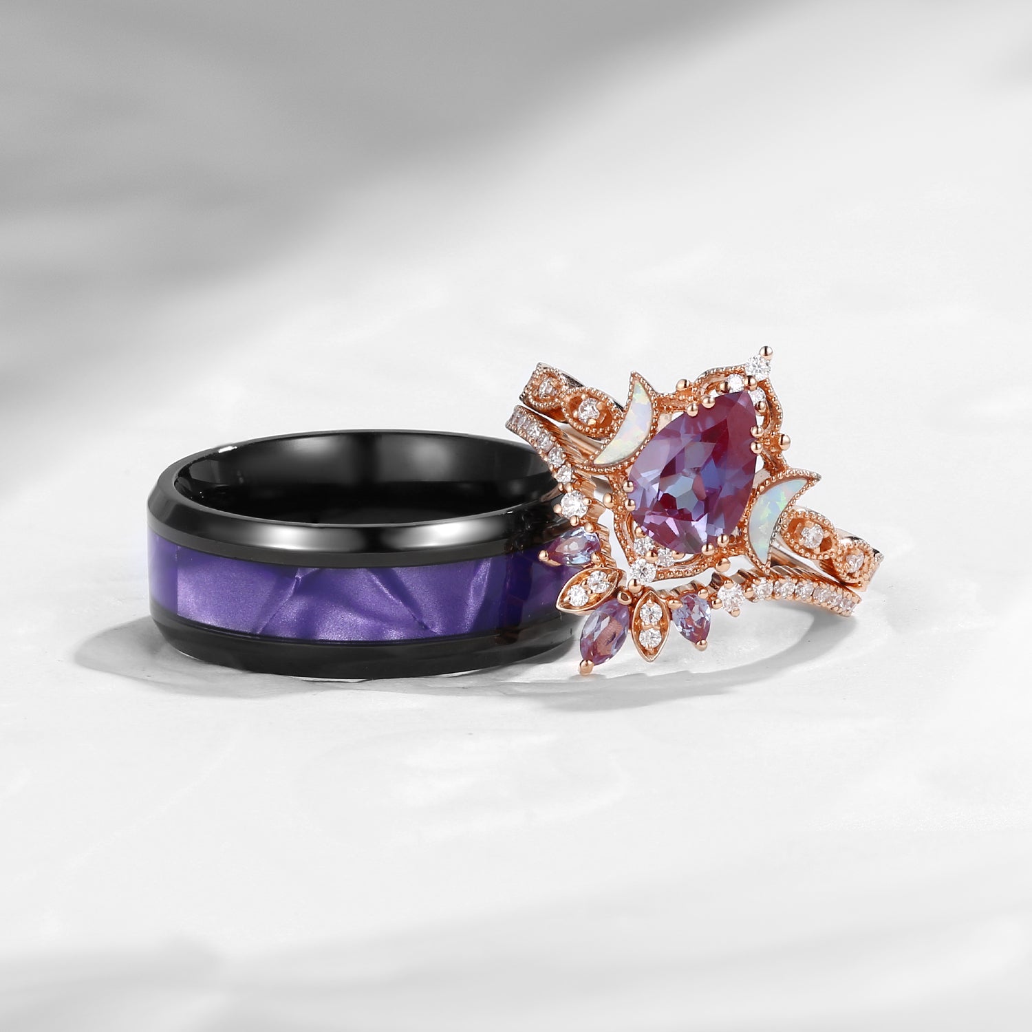 Crescent Moon | Pear Cut Lab Alexandrite 'Ultra Galaxy' Violet Electroplated Couple Bridal Ring Set