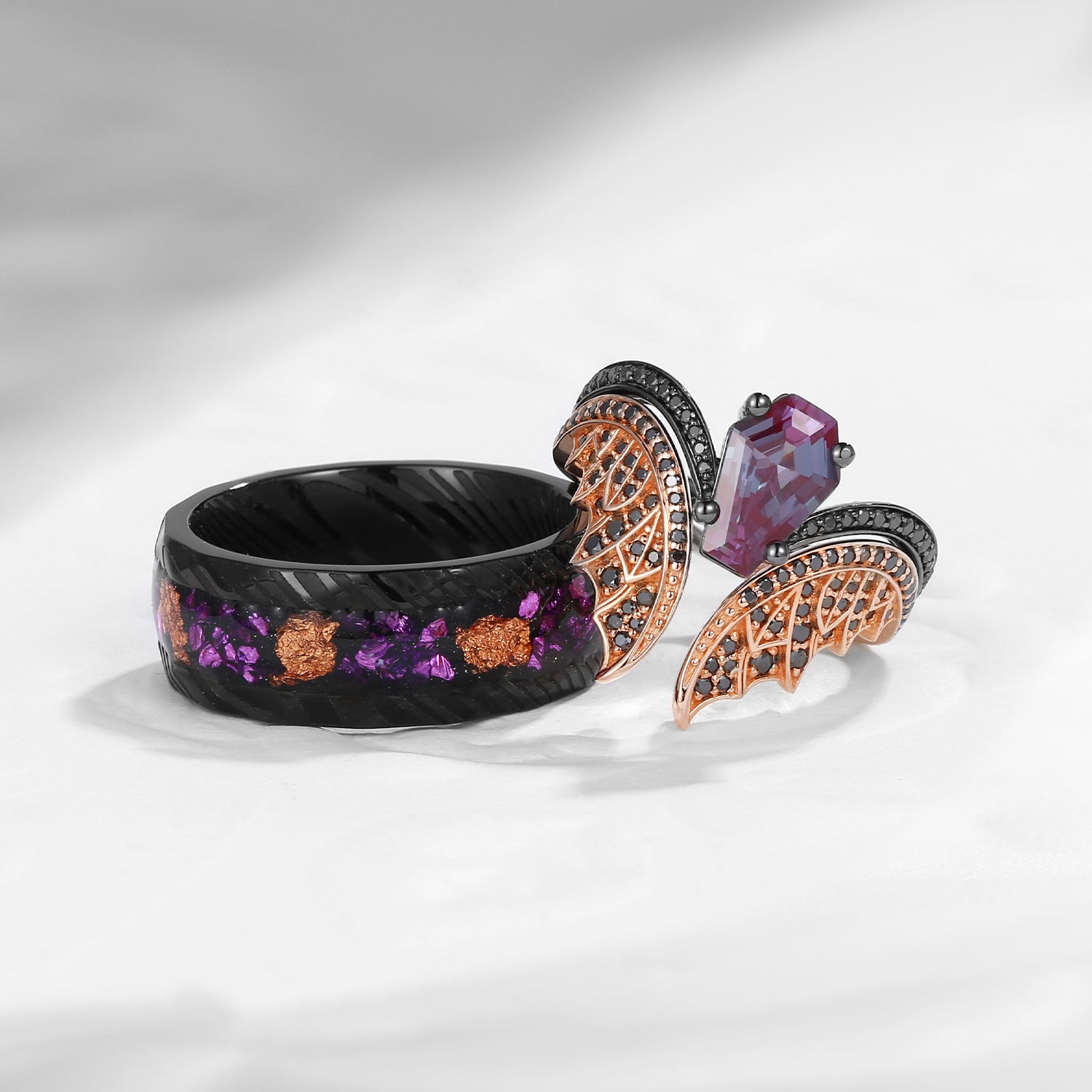 Bat Wing Inspired Coffin Lab Alexandrite With Gold Leaf Couple Bridal Ring Set