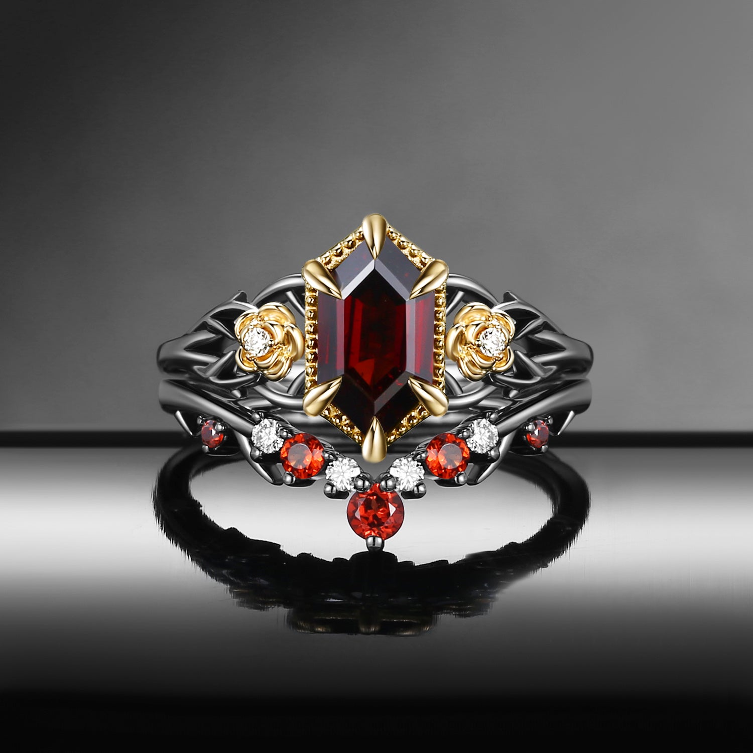 Nature Inspired Long Hexagon Garnet 'Thorns & Roses' Two-Toned Engagement Ring Set 2pcs