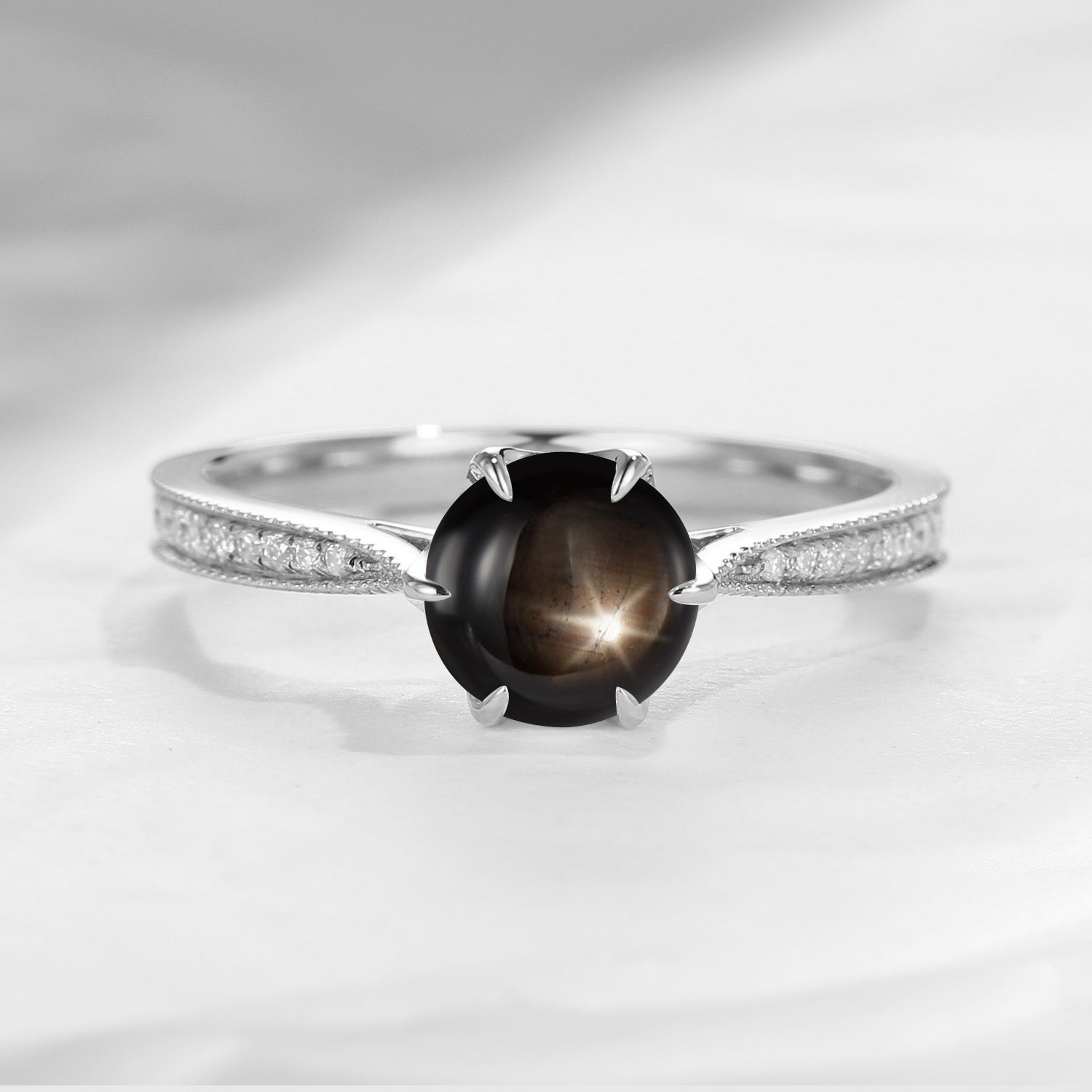 Antique Round Cut Natural Black Star Sapphire Milgrain Engagement Ring