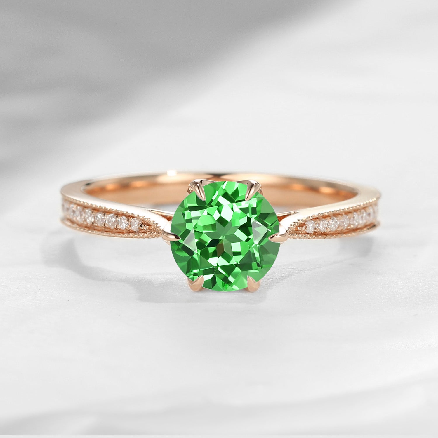 Antique Round Cut Lab Tsavorite Engagement Ring