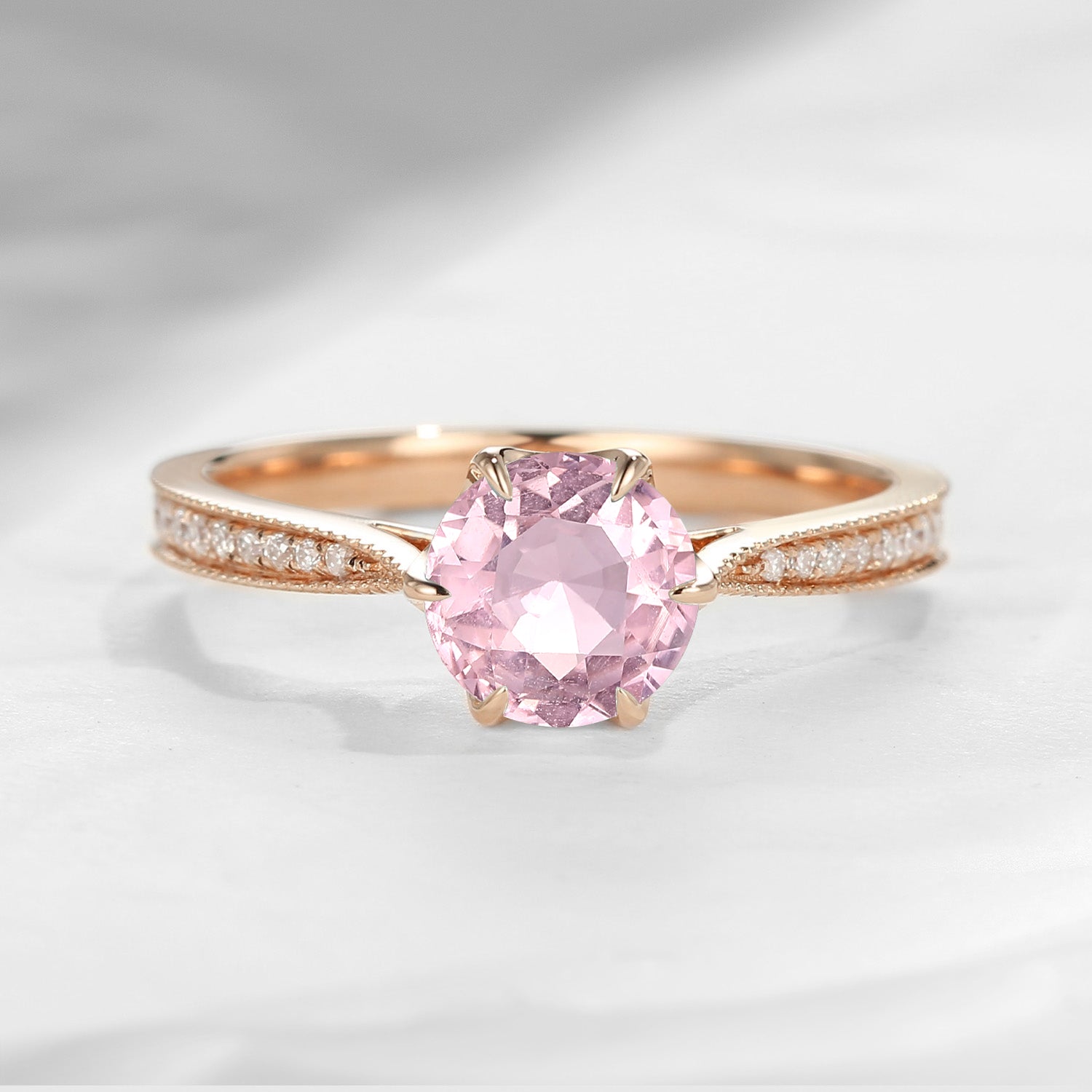 Antique Round Cut Natural Pink Tourmaline Milgrain Engagement Ring