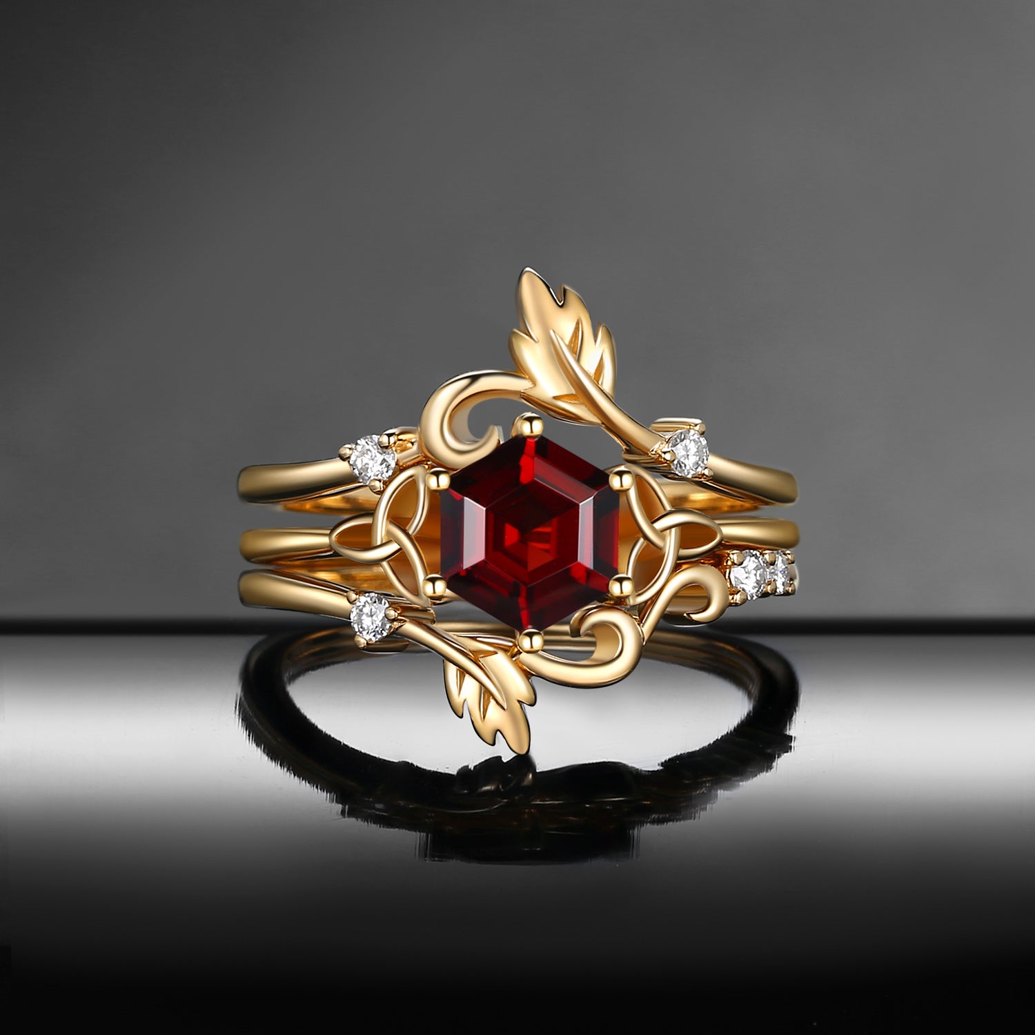 Celtic Calendar - 12.24-1.20 - Nature Inspired Hexagon Garnet Infinity Celtic Bridal Set with Birch Leaf-Inspired Band