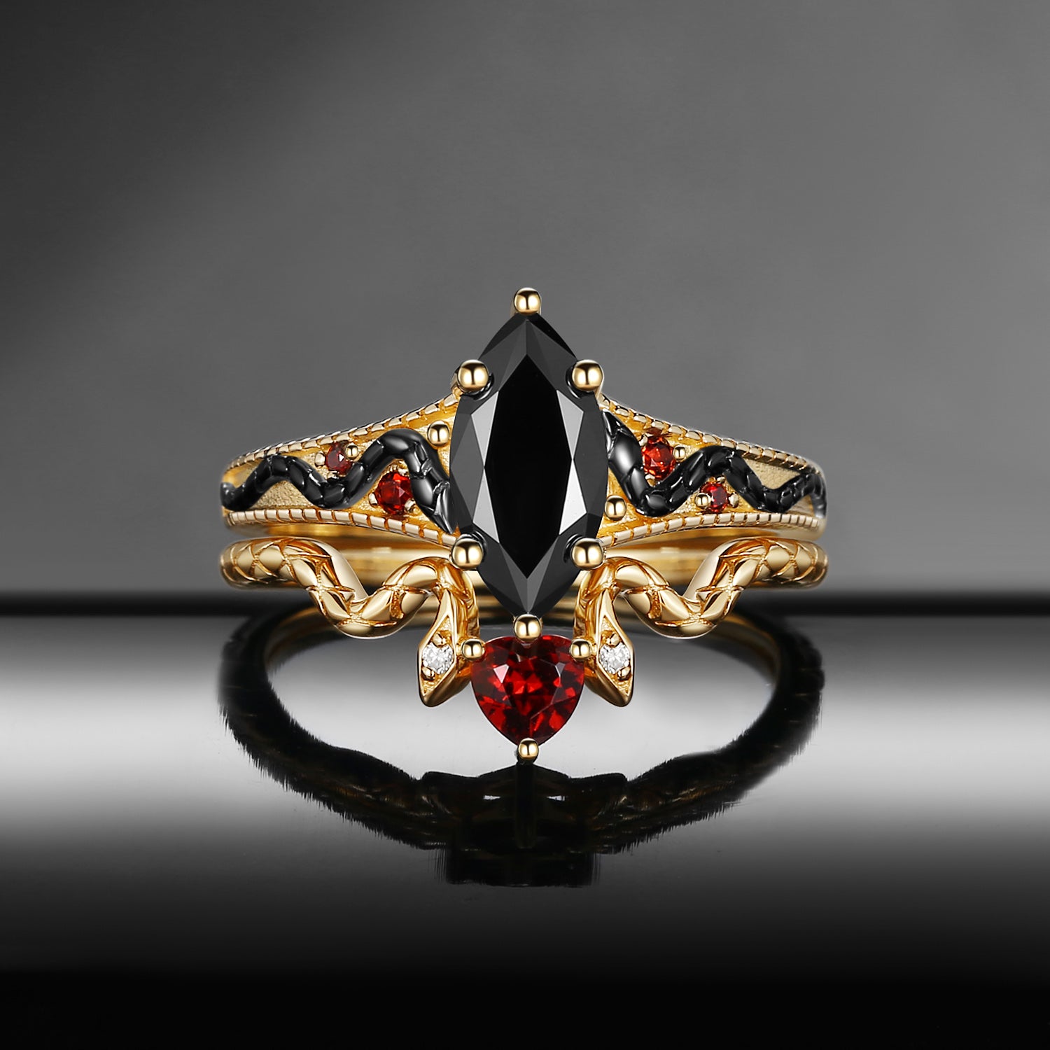 Gothic Marquise Cut Black Moissanite 'Serpent's Embrace' Two-Toned Engagement Ring Set 2pcs