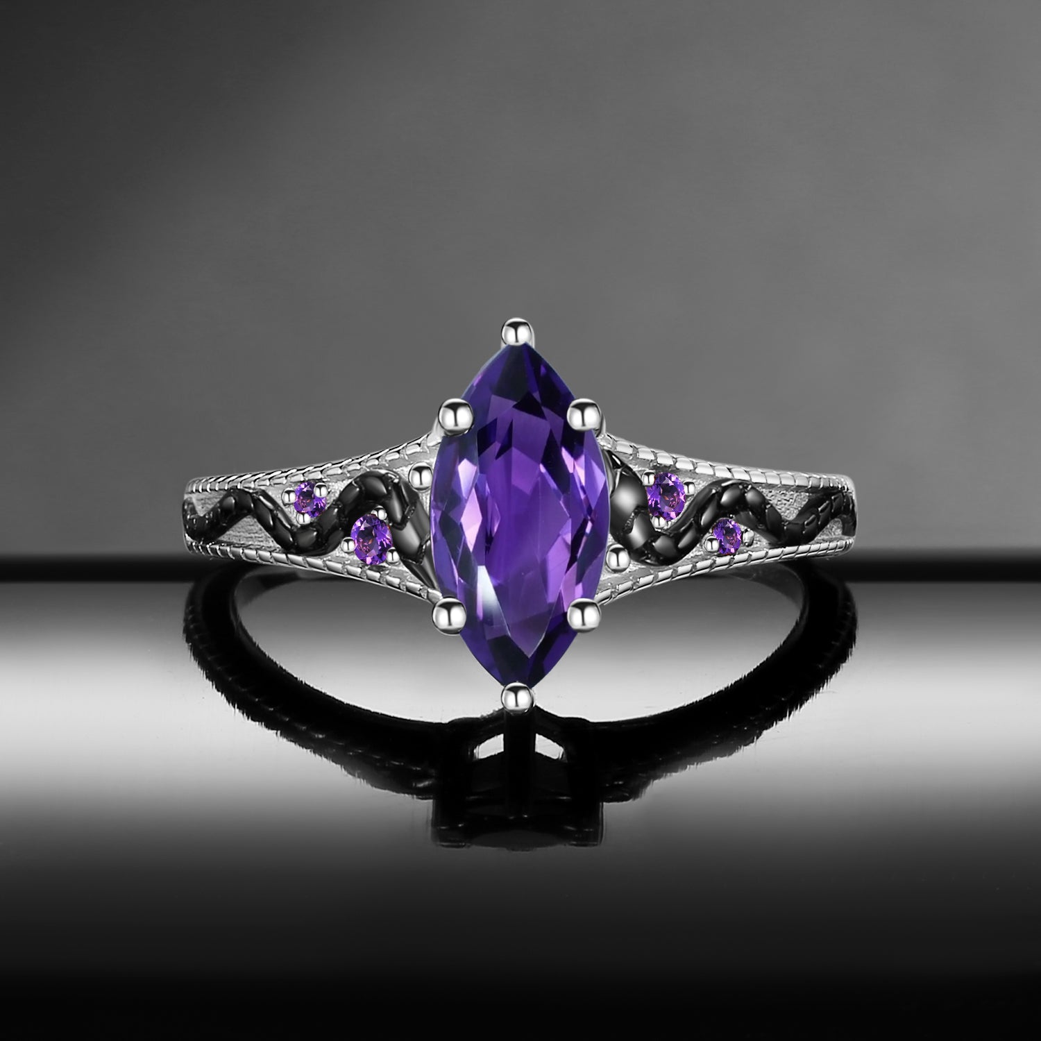 Serpent's Embrace - Gothic Marquise Cut Amethyst Two-Tone Engagement Ring with Snake Engraving