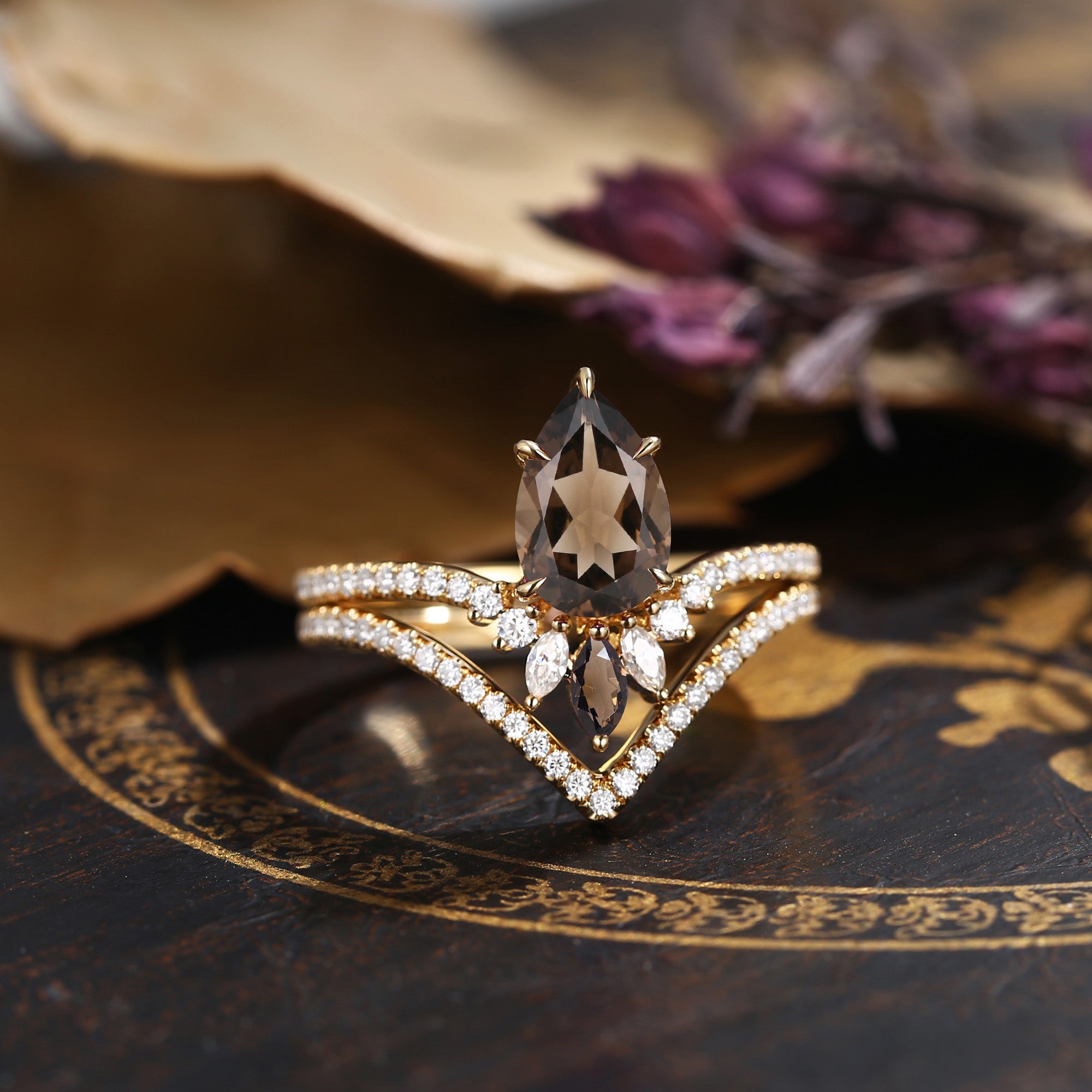 1.5ct Unique Smokey Quartz Classic Chevron Bridal Set 2pcs - Princess