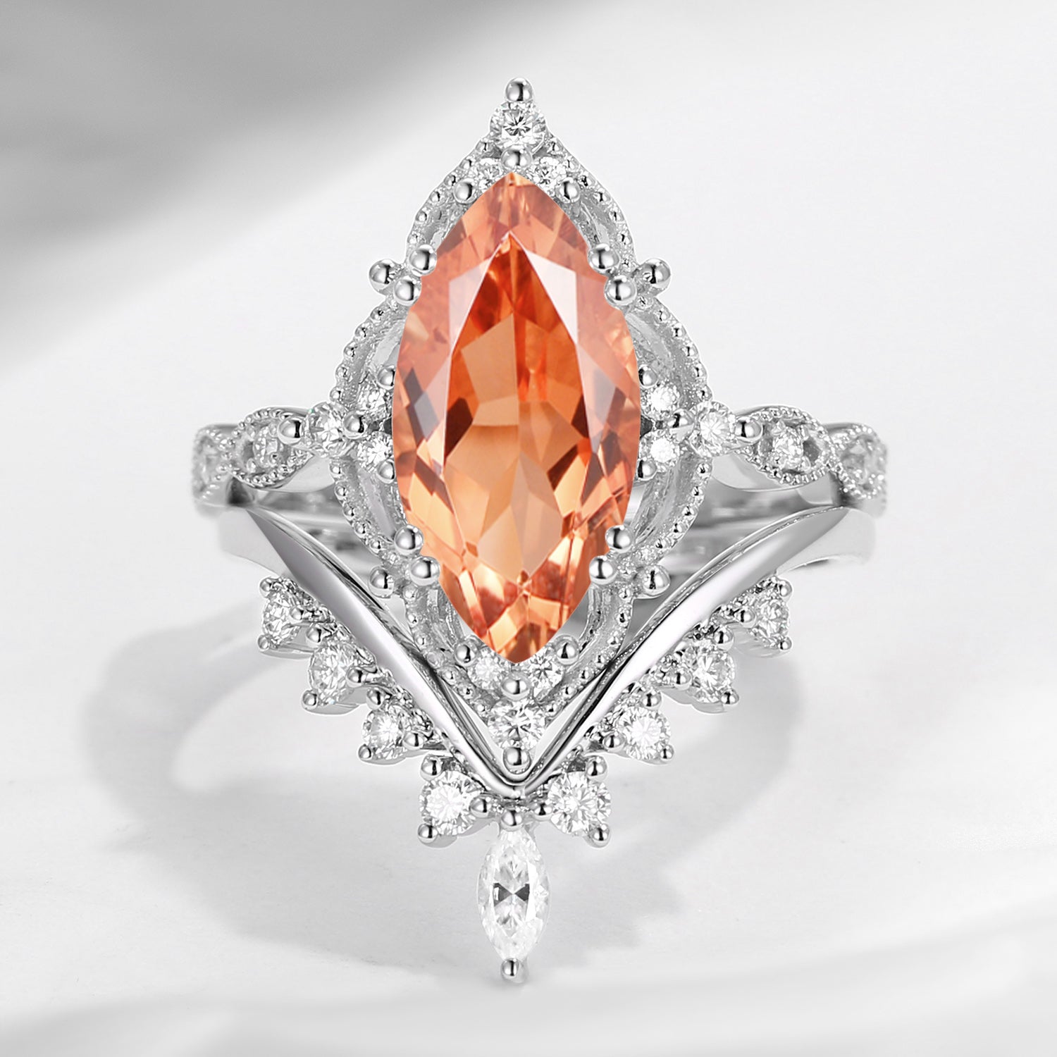 2.5ct 18K Unique Marquise Sunstone Engagement Ring Set 2pcs