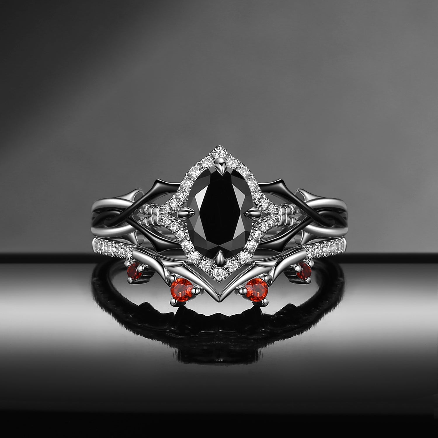 Thorns & Roses - Gothic Oval Cut Black Moissanite Halo Bridal Set with Twisted Thorn-inspired Band
