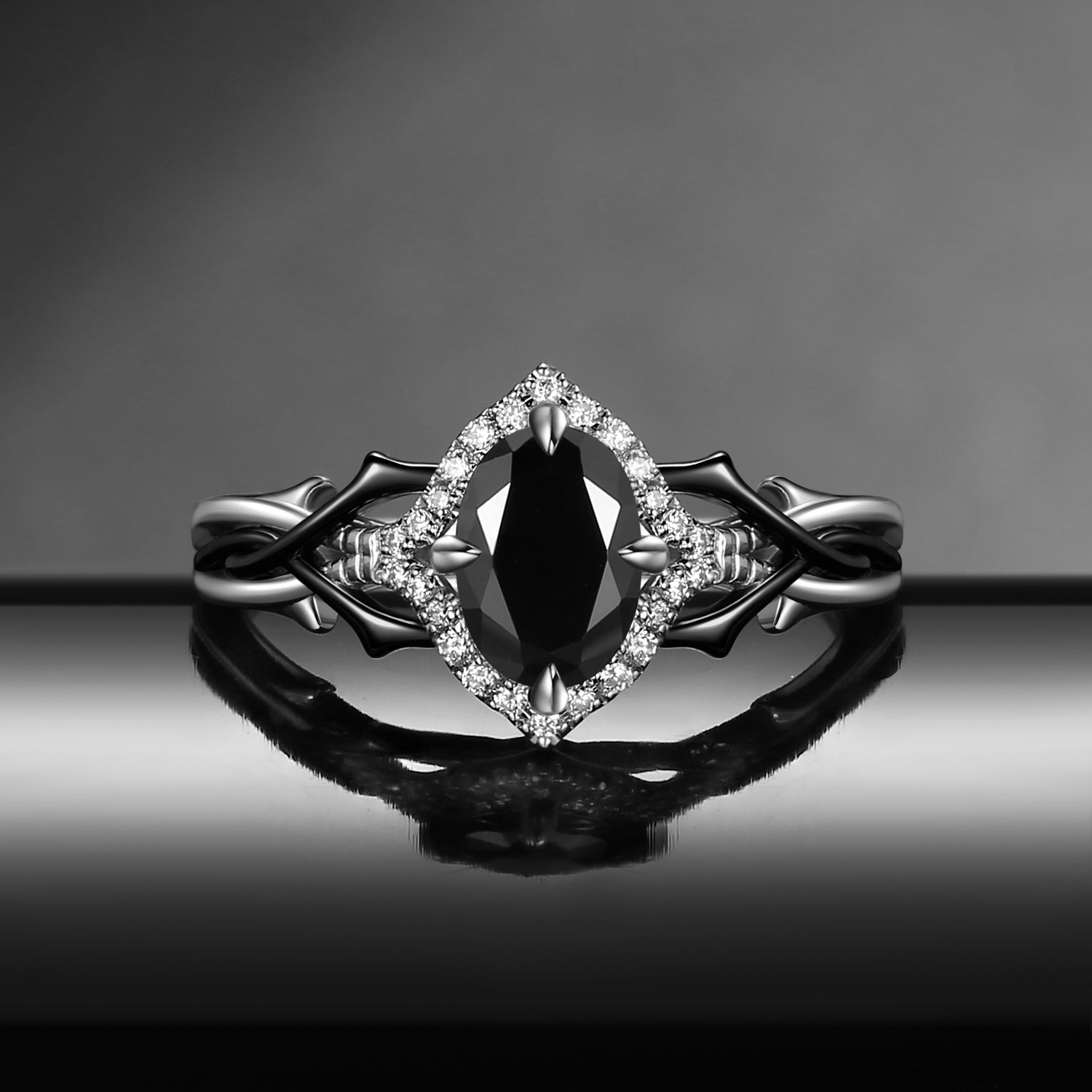 Thorns & Roses - Gothic Oval Cut Black Moissanite Halo Engagement Ring with Twisted Thorn-inspired Band