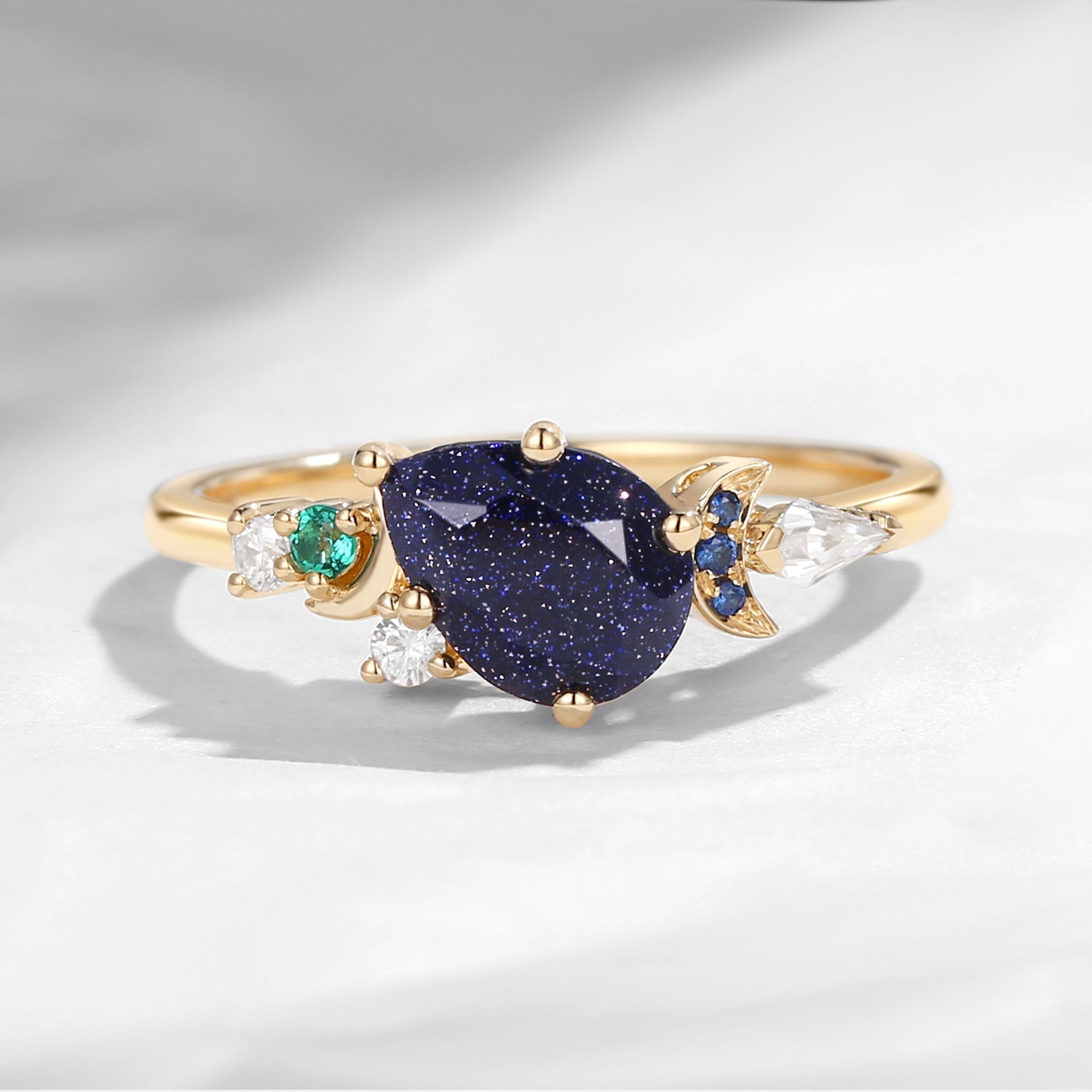 Crescent Moon | Art Deco Pear Shaped Blue Sandstone Cluster Engagement Ring