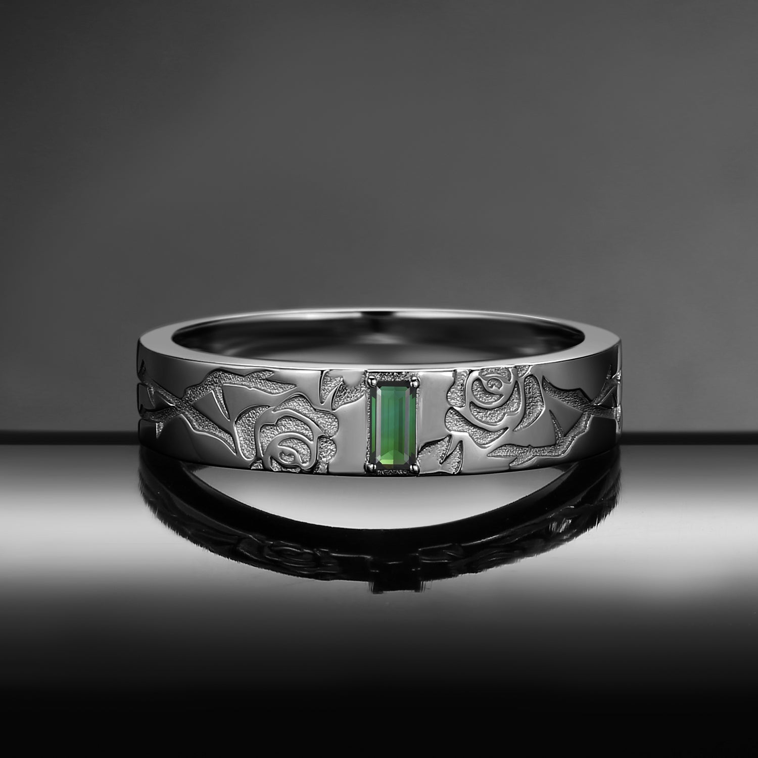 Vintage Inspired Rectangular Natural Green Tourmaline 'Thorns & Roses' Filigree Men's Band - Everlasting Love
