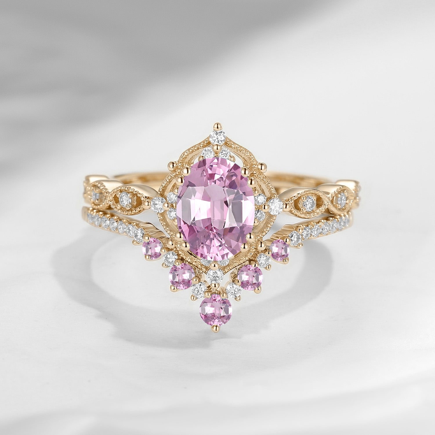 Antique Oval Natural Spinel Classic Vintage Engagement Ring Bridal Set 2pcs