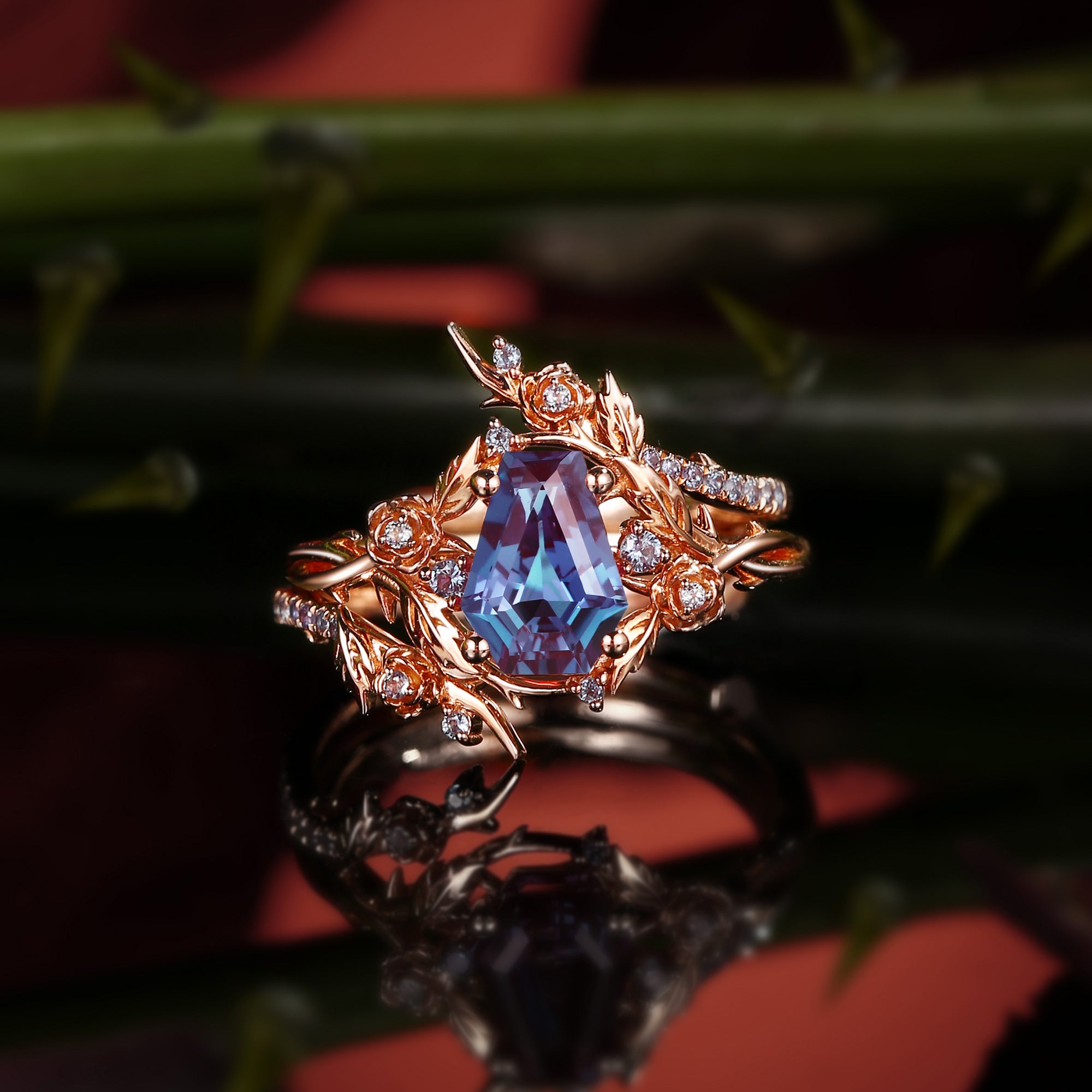Nature Inspired Twist Coffin Cut Lab Alexandrite Engagement Ring Set 2pcs